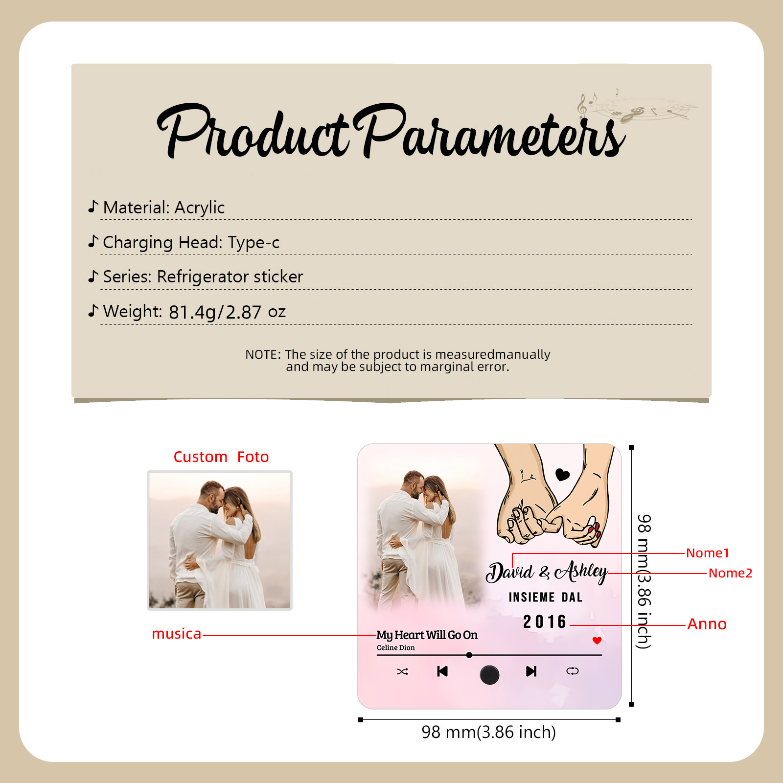 Magnete da Frigorifero Musicale Personalizzato - Con 2 Nomi, 1 Foto, 1 Data e 1 Canzone, Design Romantico con Mani Intrecciate, “Insieme dal” - Regalo di San Valentino per Lei/Lui | Jessemade