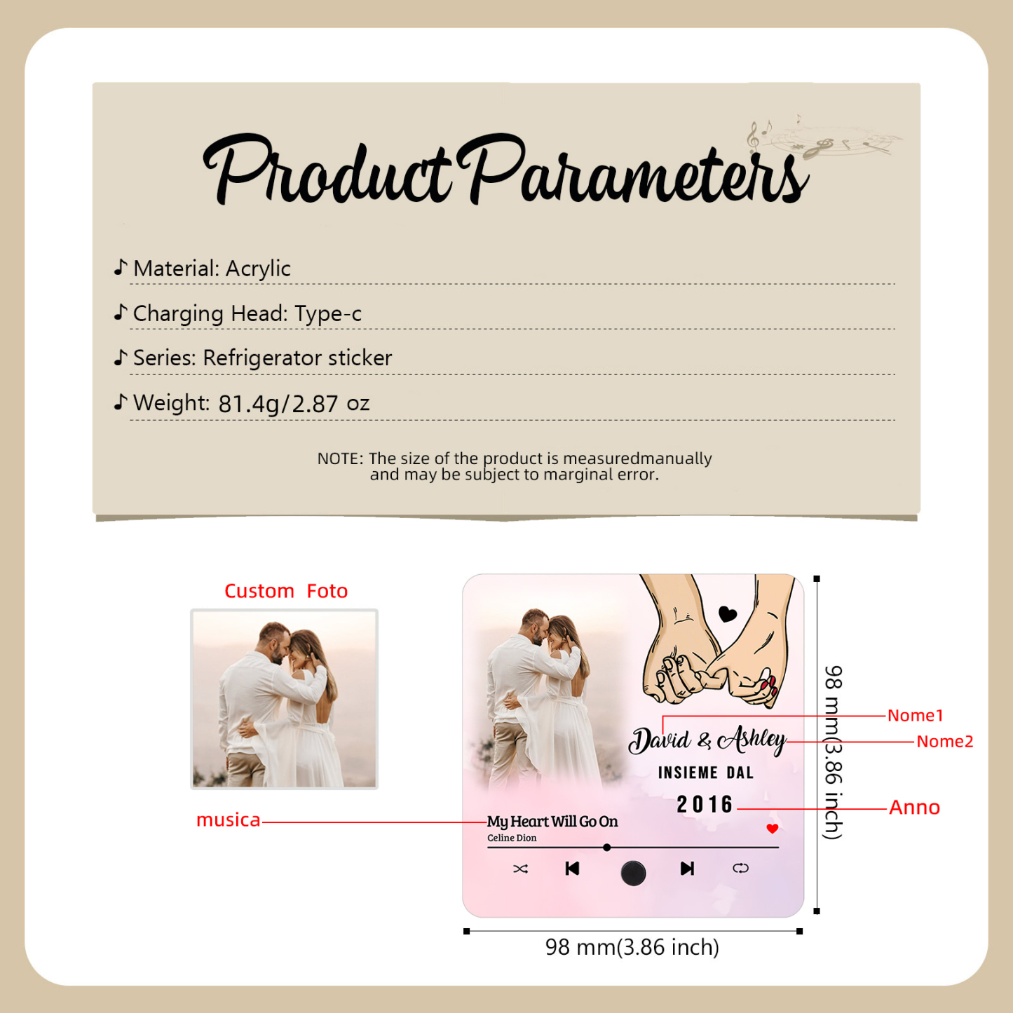 Magnete da Frigorifero Musicale Personalizzato - Con 2 Nomi, 1 Foto, 1 Data e 1 Canzone, Design Romantico con Mani Intrecciate, “Insieme dal” - Regalo di San Valentino per Lei/Lui | Jessemade