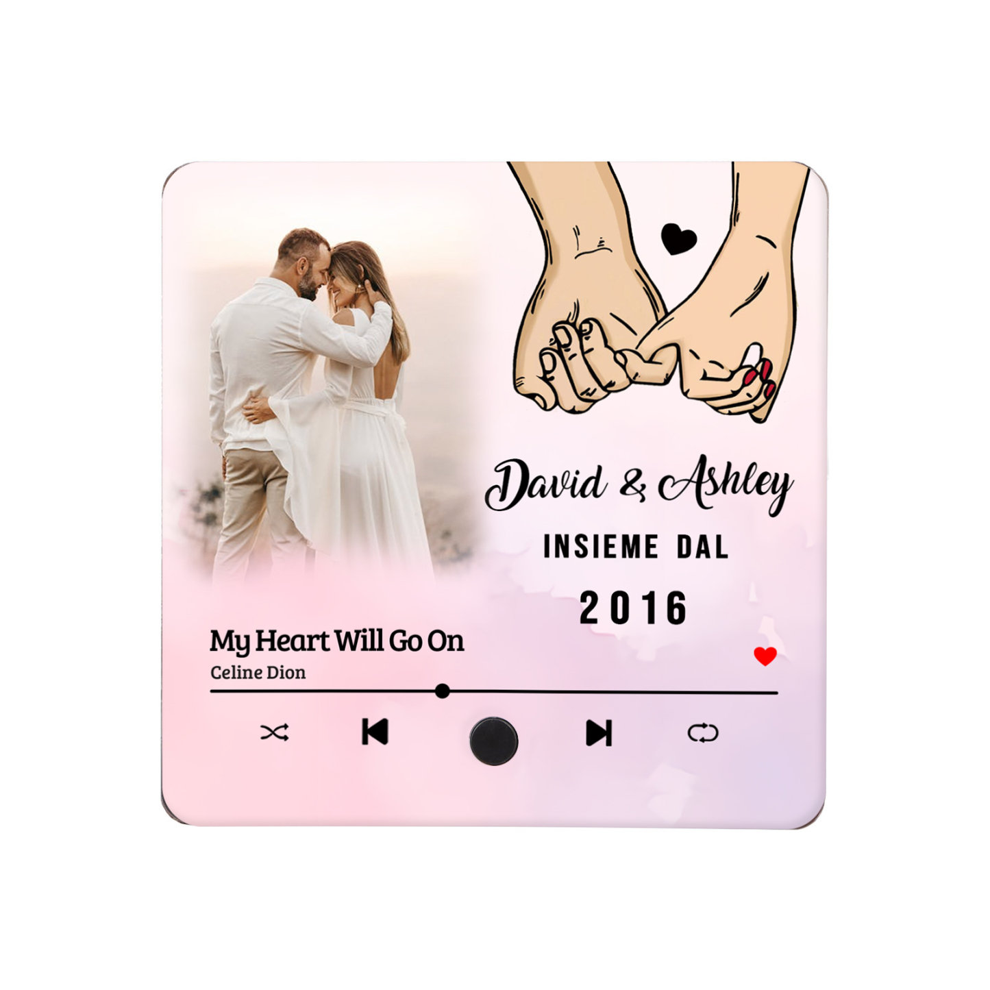 Magnete da Frigorifero Musicale Personalizzato - Con 2 Nomi, 1 Foto, 1 Data e 1 Canzone, Design Romantico con Mani Intrecciate, “Insieme dal” - Regalo di San Valentino per Lei/Lui | Jessemade