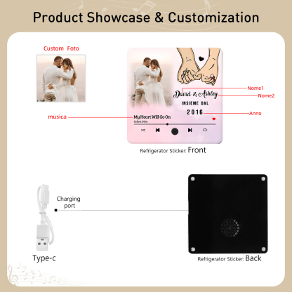 Magnete da Frigorifero Musicale Personalizzato - Con 2 Nomi, 1 Foto, 1 Data e 1 Canzone, Design Romantico con Mani Intrecciate, “Insieme dal” - Regalo di San Valentino per Lei/Lui | Jessemade