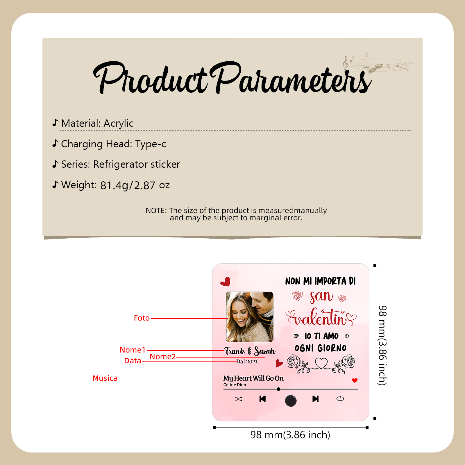 Magnete da Frigorifero Musicale Personalizzato - Con 2 Nomi, 1 Foto, 1 Data e 1 Canzone, Design con Cuore Rosa e Rose, “Io Ti Amo Ogni Giorno” - Regalo di San Valentino per Lei/Lui | Jessemade