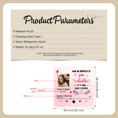 Magnete da Frigorifero Musicale Personalizzato - Con 2 Nomi, 1 Foto, 1 Data e 1 Canzone, Design con Cuore Rosa e Rose, “Io Ti Amo Ogni Giorno” - Regalo di San Valentino per Lei/Lui | Jessemade
