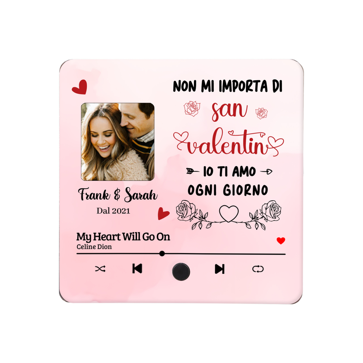 Magnete da Frigorifero Musicale Personalizzato - Con 2 Nomi, 1 Foto, 1 Data e 1 Canzone, Design con Cuore Rosa e Rose, “Io Ti Amo Ogni Giorno” - Regalo di San Valentino per Lei/Lui | Jessemade