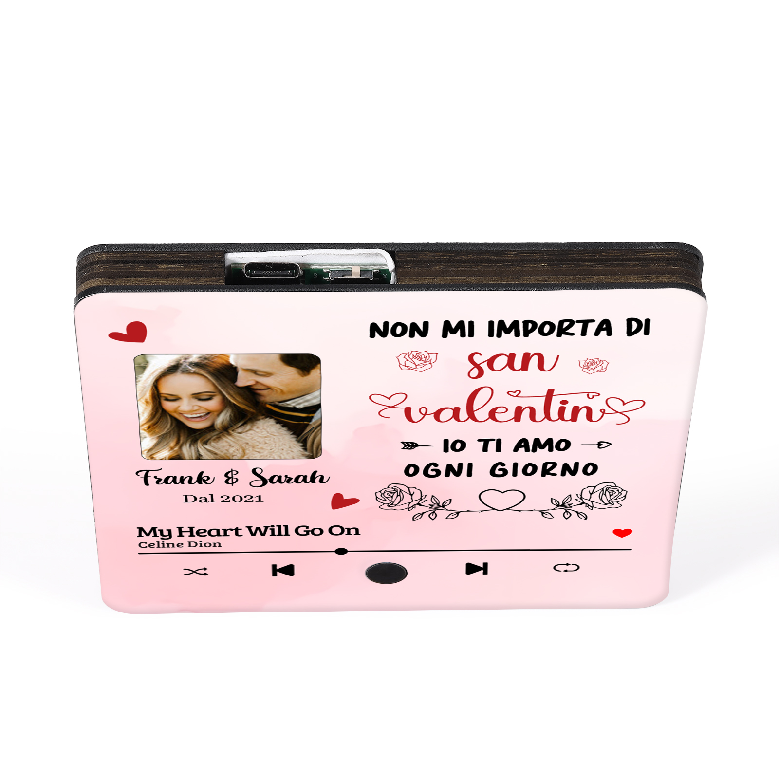 Magnete da Frigorifero Musicale Personalizzato - Con 2 Nomi, 1 Foto, 1 Data e 1 Canzone, Design con Cuore Rosa e Rose, “Io Ti Amo Ogni Giorno” - Regalo di San Valentino per Lei/Lui | Jessemade