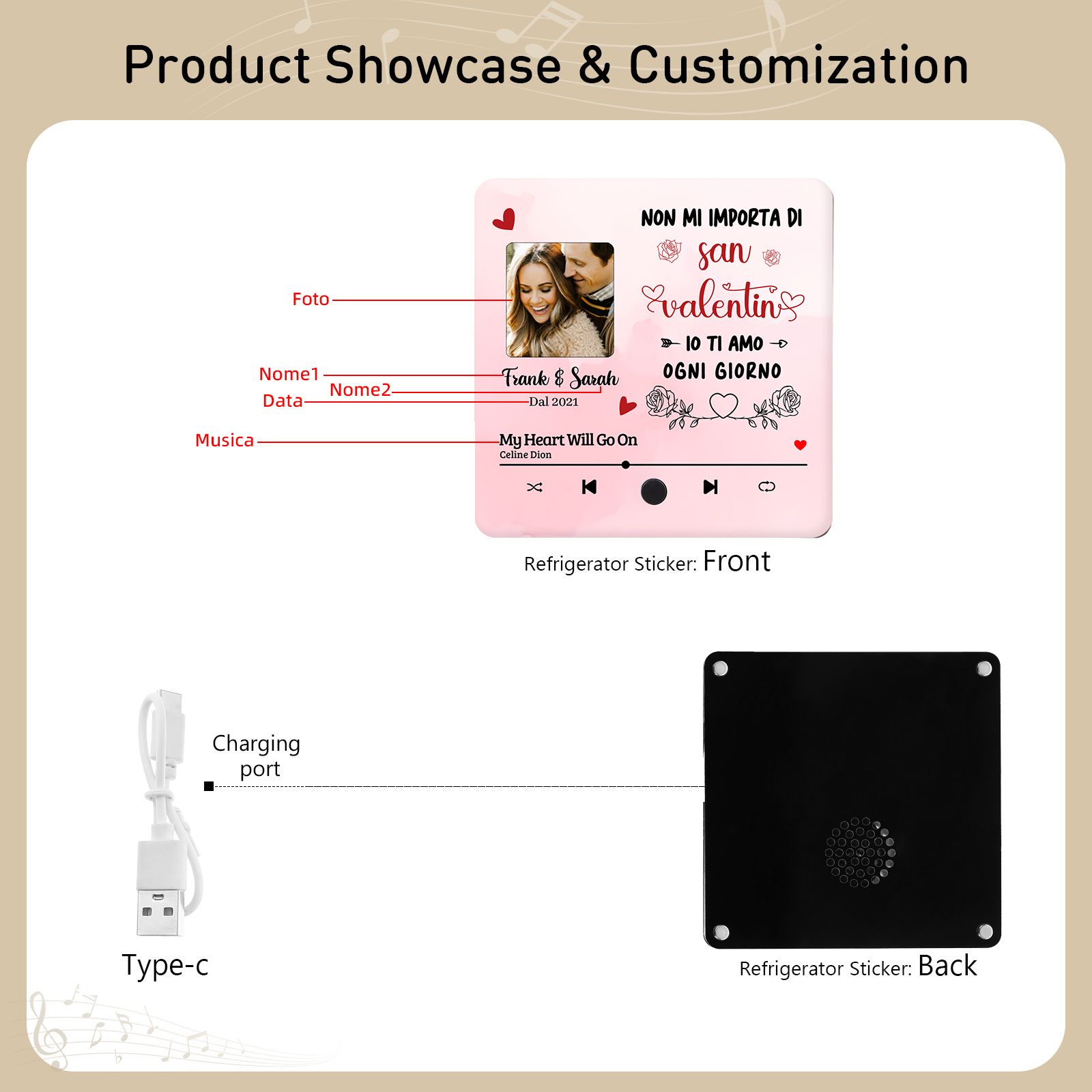 Magnete da Frigorifero Musicale Personalizzato - Con 2 Nomi, 1 Foto, 1 Data e 1 Canzone, Design con Cuore Rosa e Rose, “Io Ti Amo Ogni Giorno” - Regalo di San Valentino per Lei/Lui | Jessemade