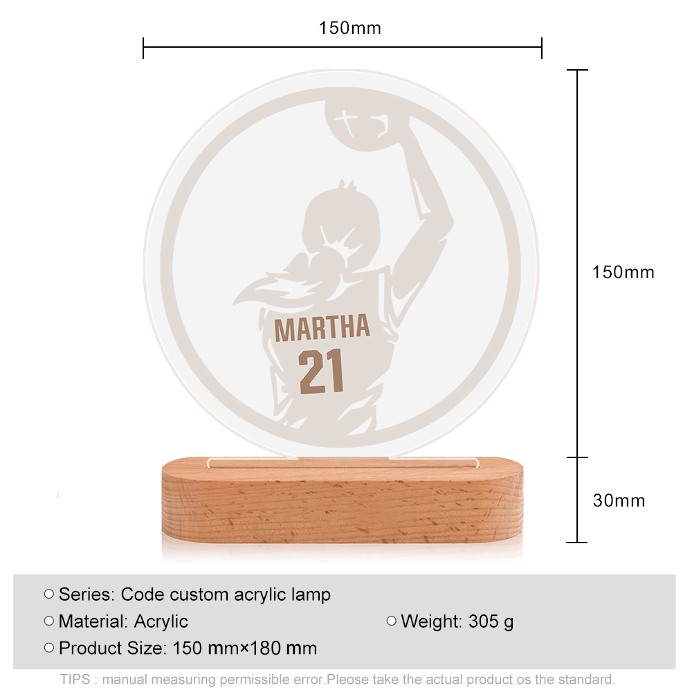 Lampada pallacanestro con 1 nome e 1 numero personalizzato regalo di sport