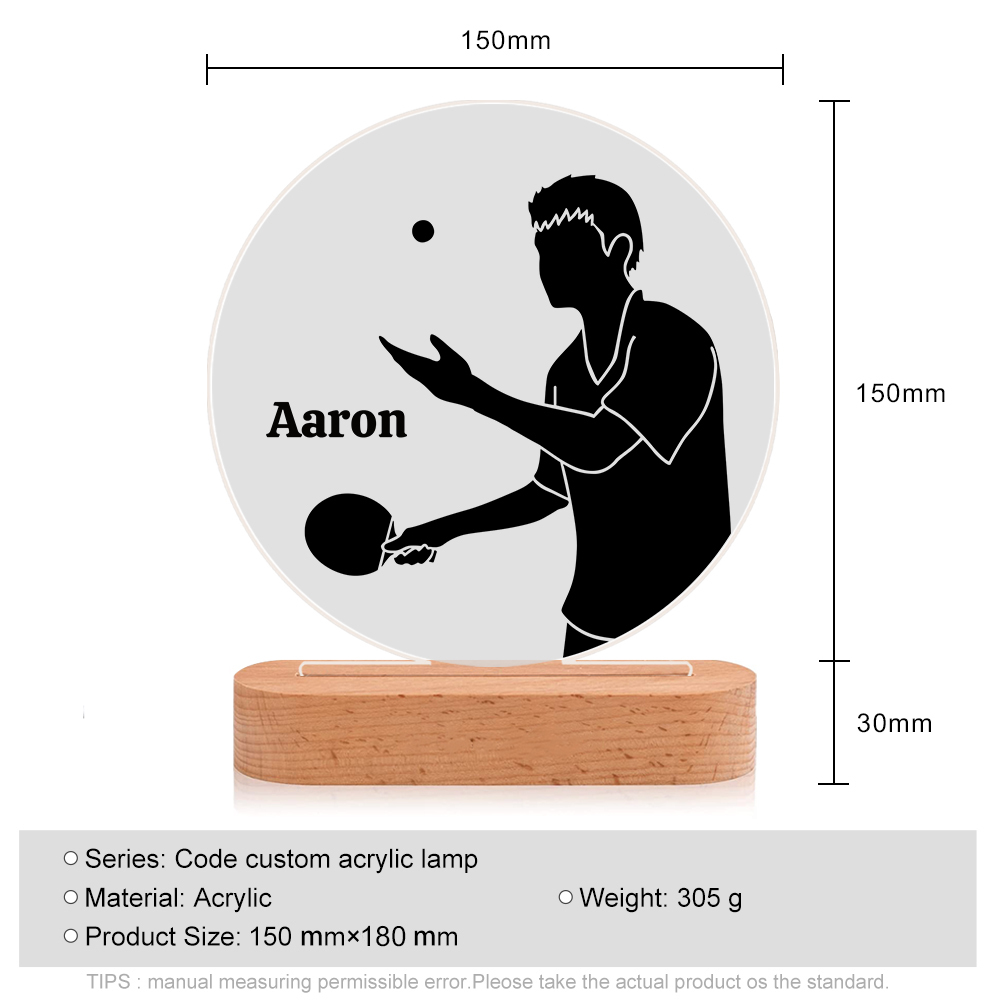 Lampada ping-pong con 1 nome e 1 numero personalizzato regalo di sport