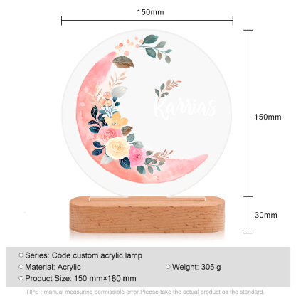 Lampada fiore e luna rosa con 1 nome personalizzato