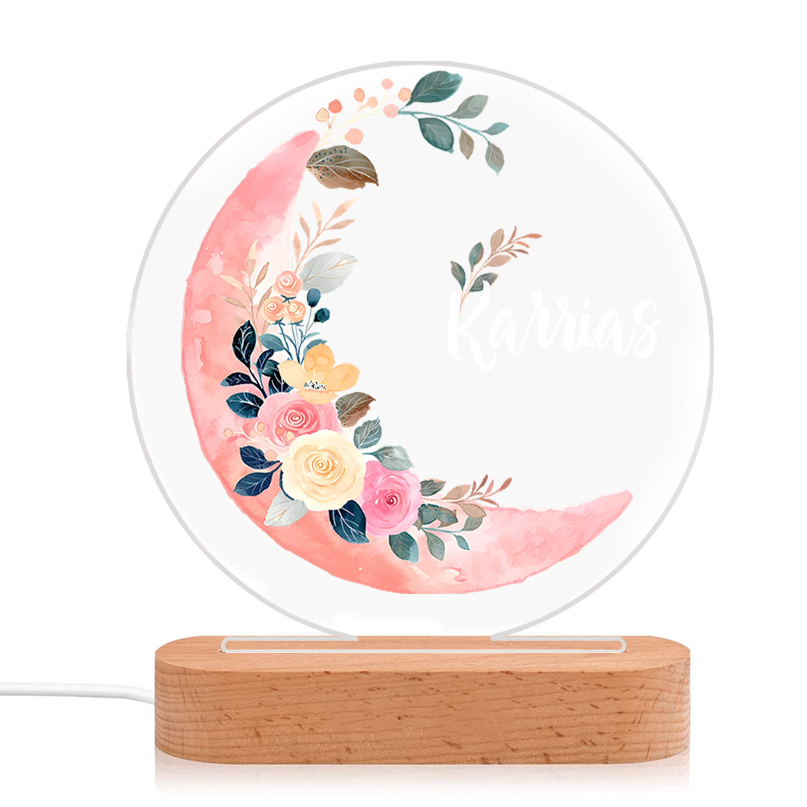Lampada fiore e luna rosa con 1 nome personalizzato