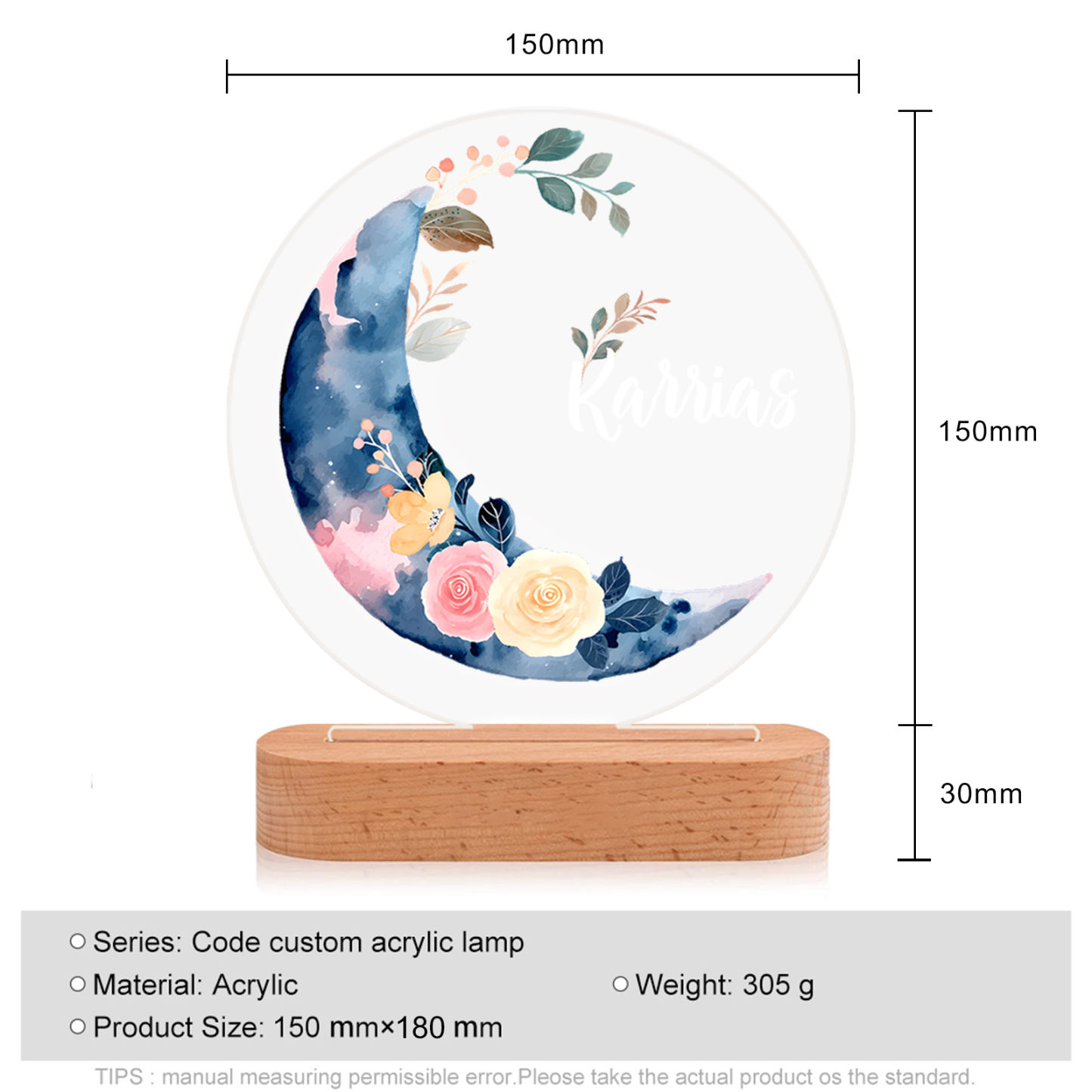 Lampada fiore e luna con 1 nome personalizzato