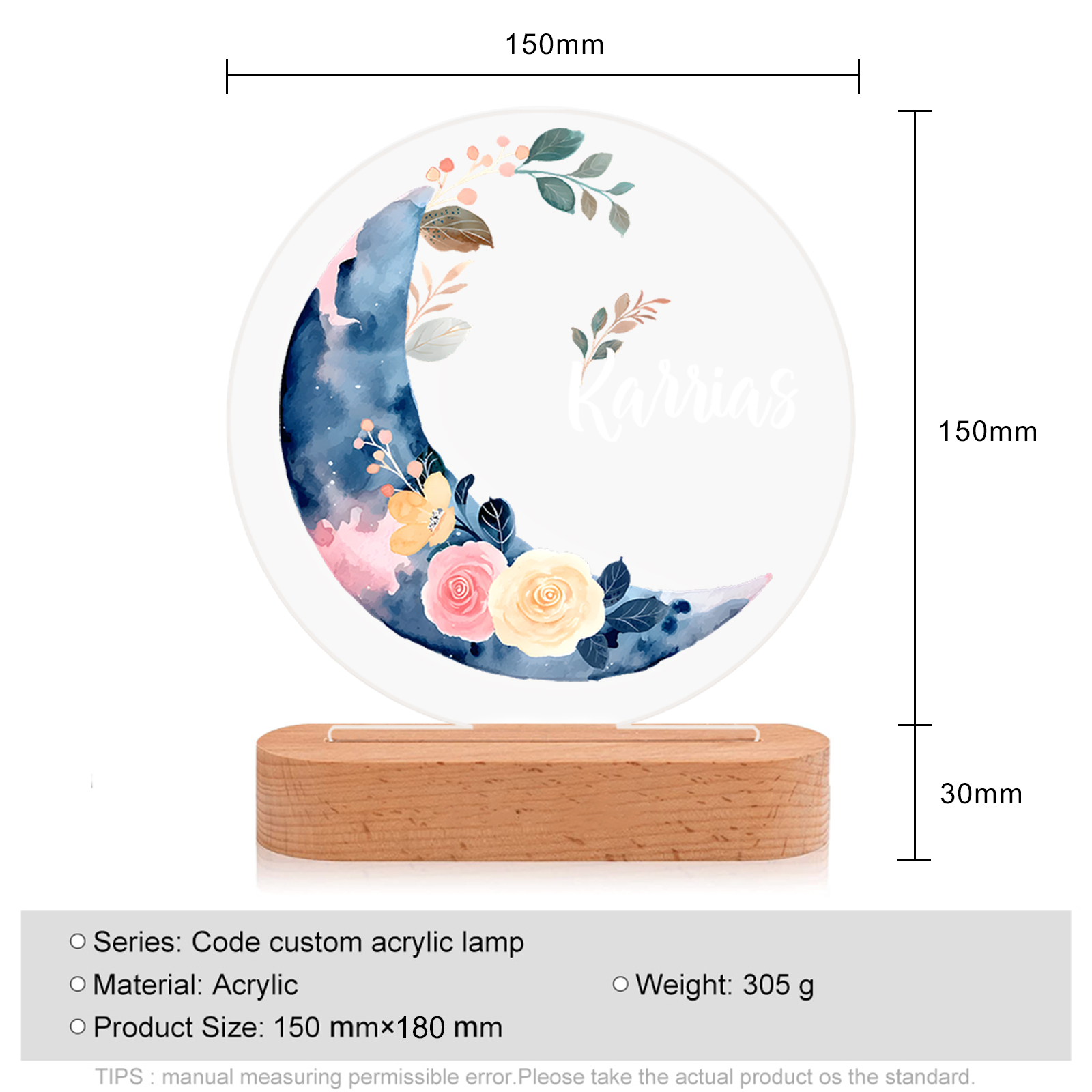 Lampada fiore e luna con 1 nome personalizzato