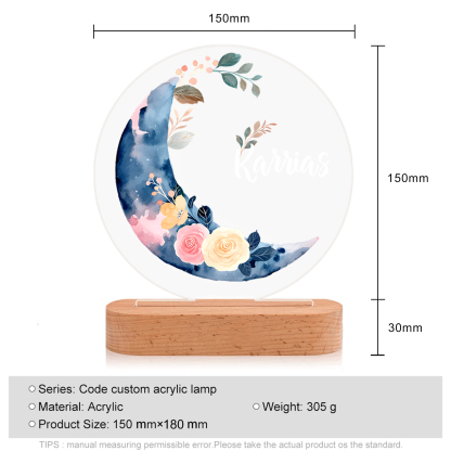 Lampada fiore e luna con 1 nome personalizzato