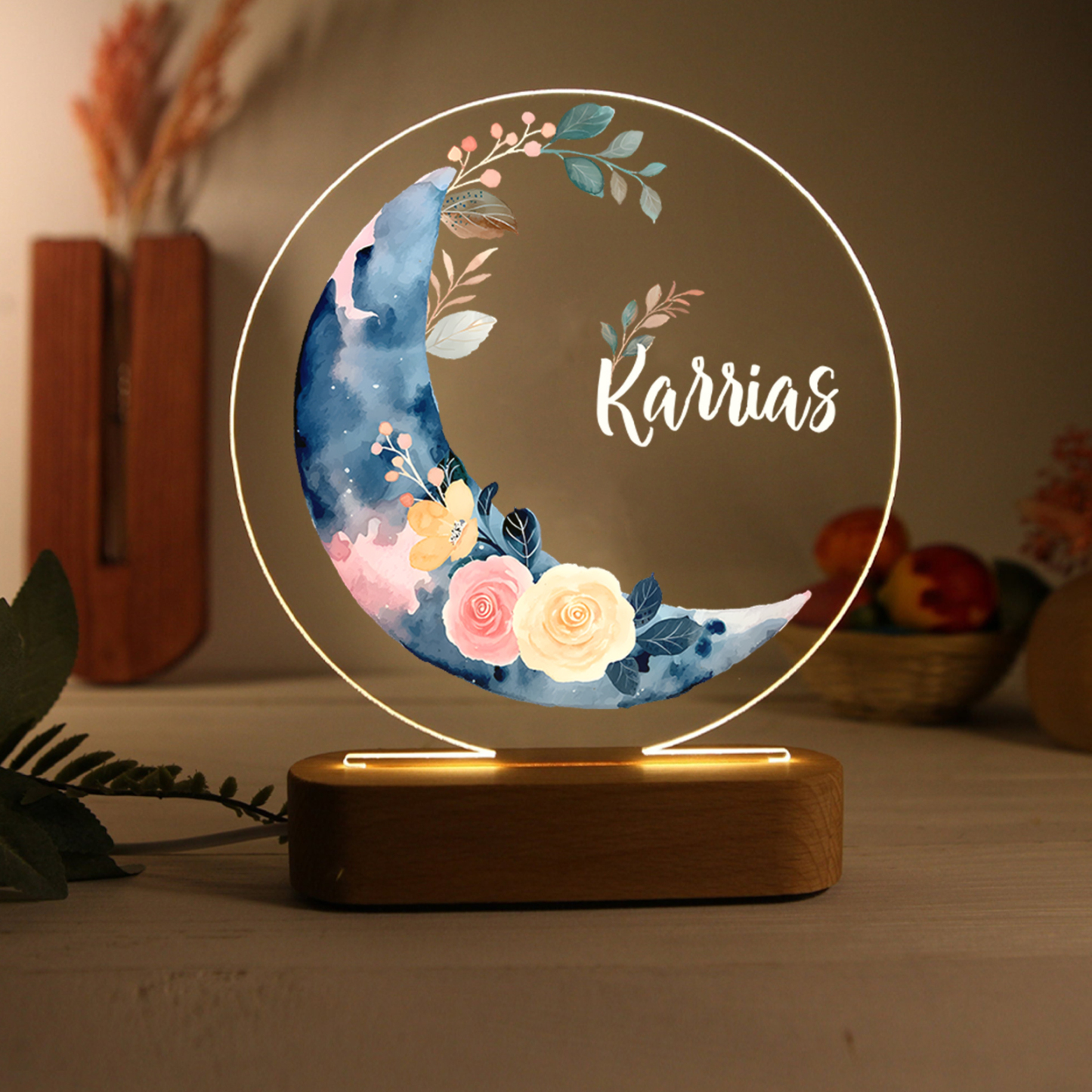 Lampada fiore e luna con 1 nome personalizzato