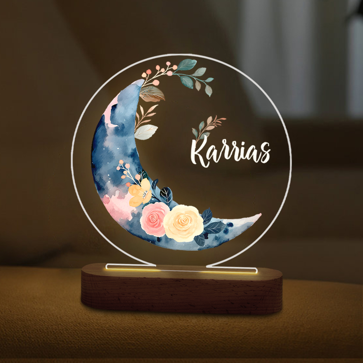 Lampada fiore e luna con 1 nome personalizzato