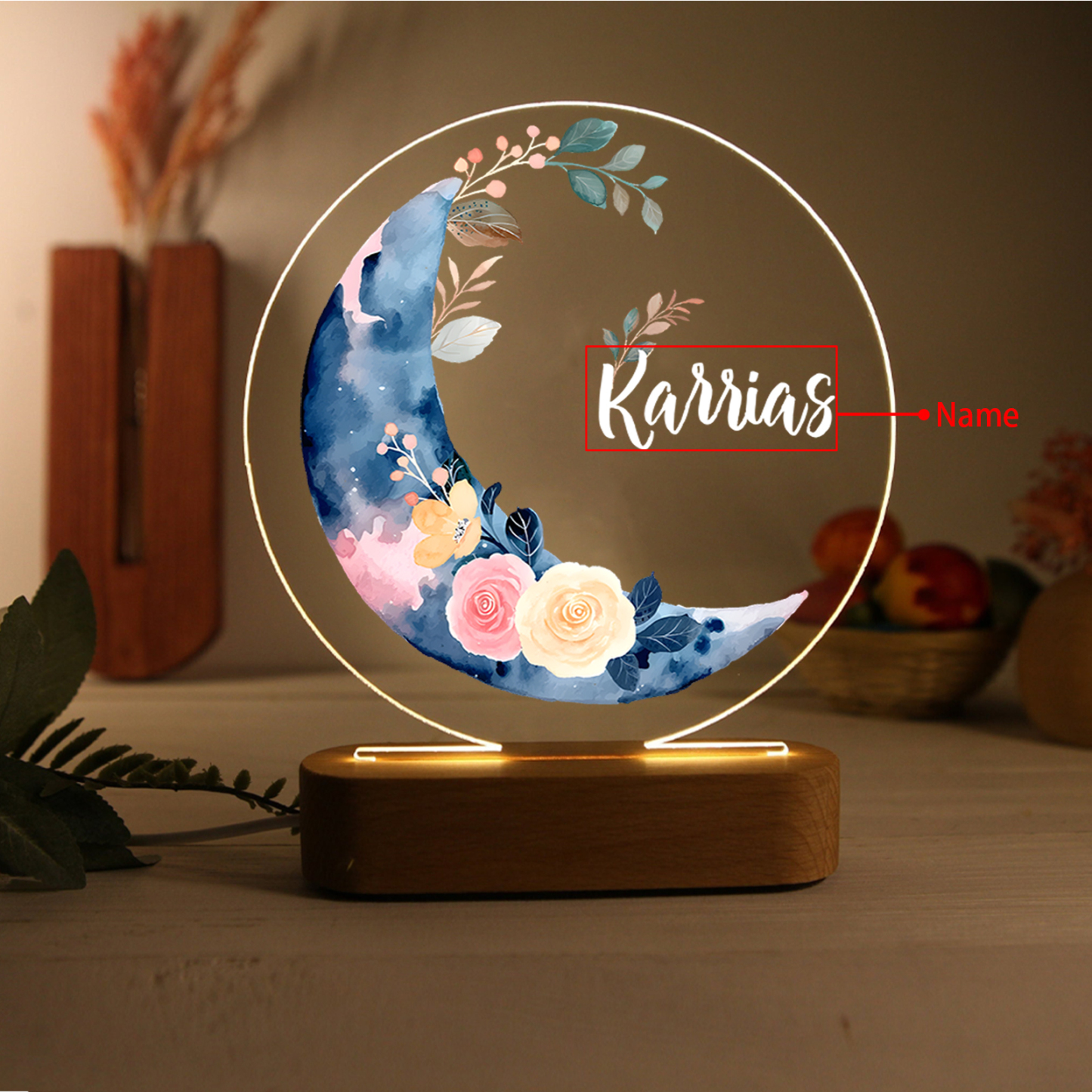 Lampada fiore e luna con 1 nome personalizzato