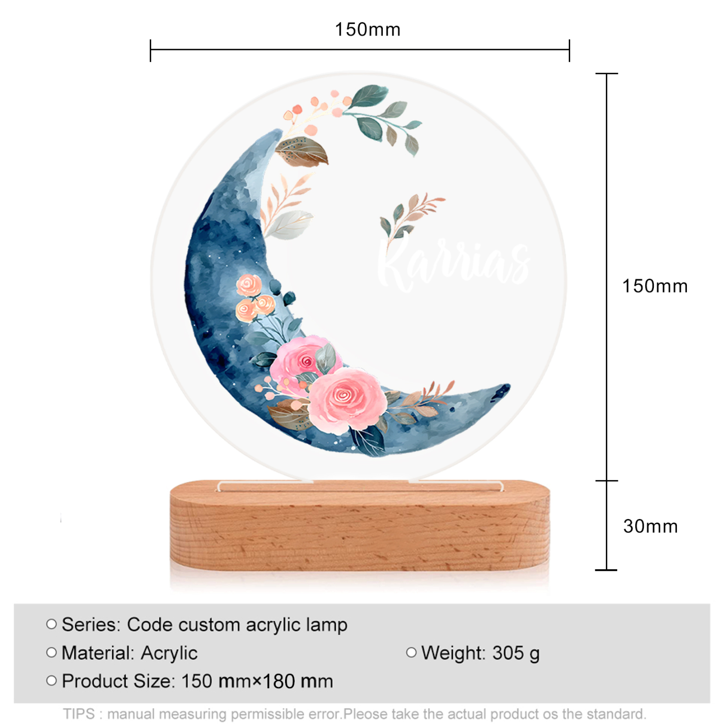 Lampada fiore e luna con 1 nome personalizzato