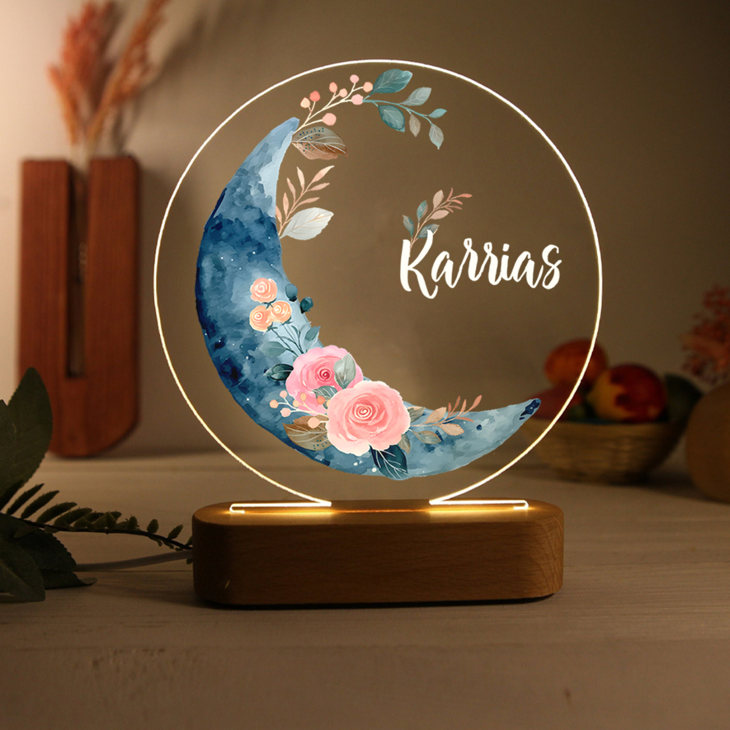 Lampada fiore e luna con 1 nome personalizzato