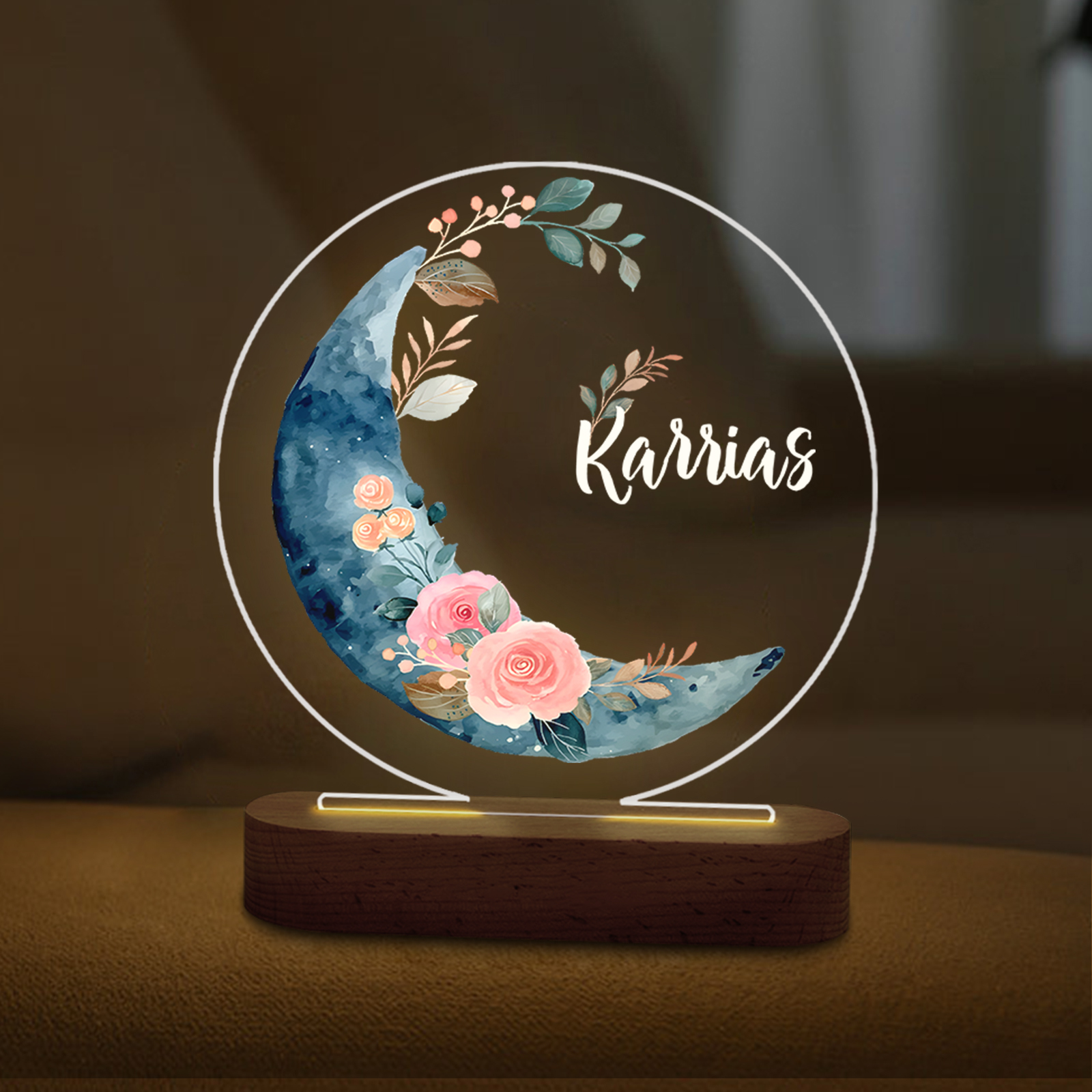 Lampada fiore e luna con 1 nome personalizzato