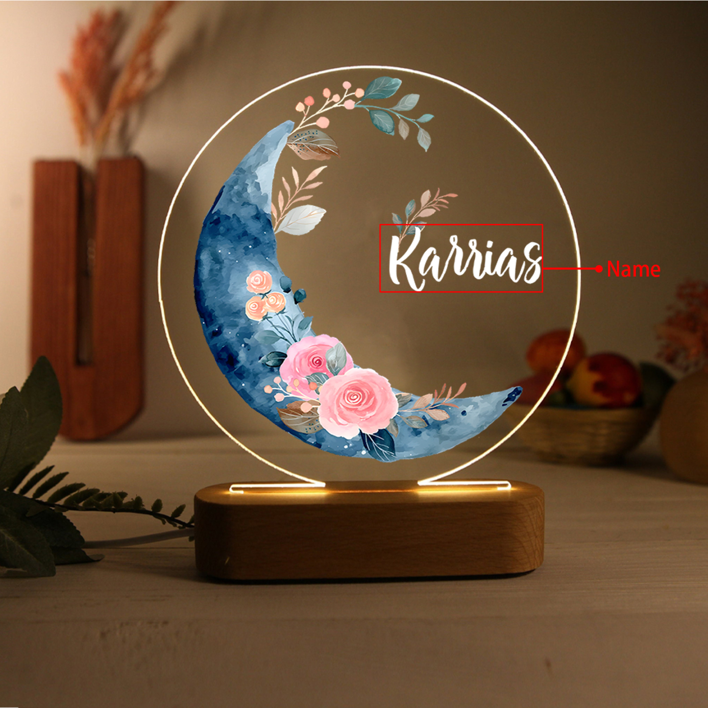 Lampada fiore e luna con 1 nome personalizzato