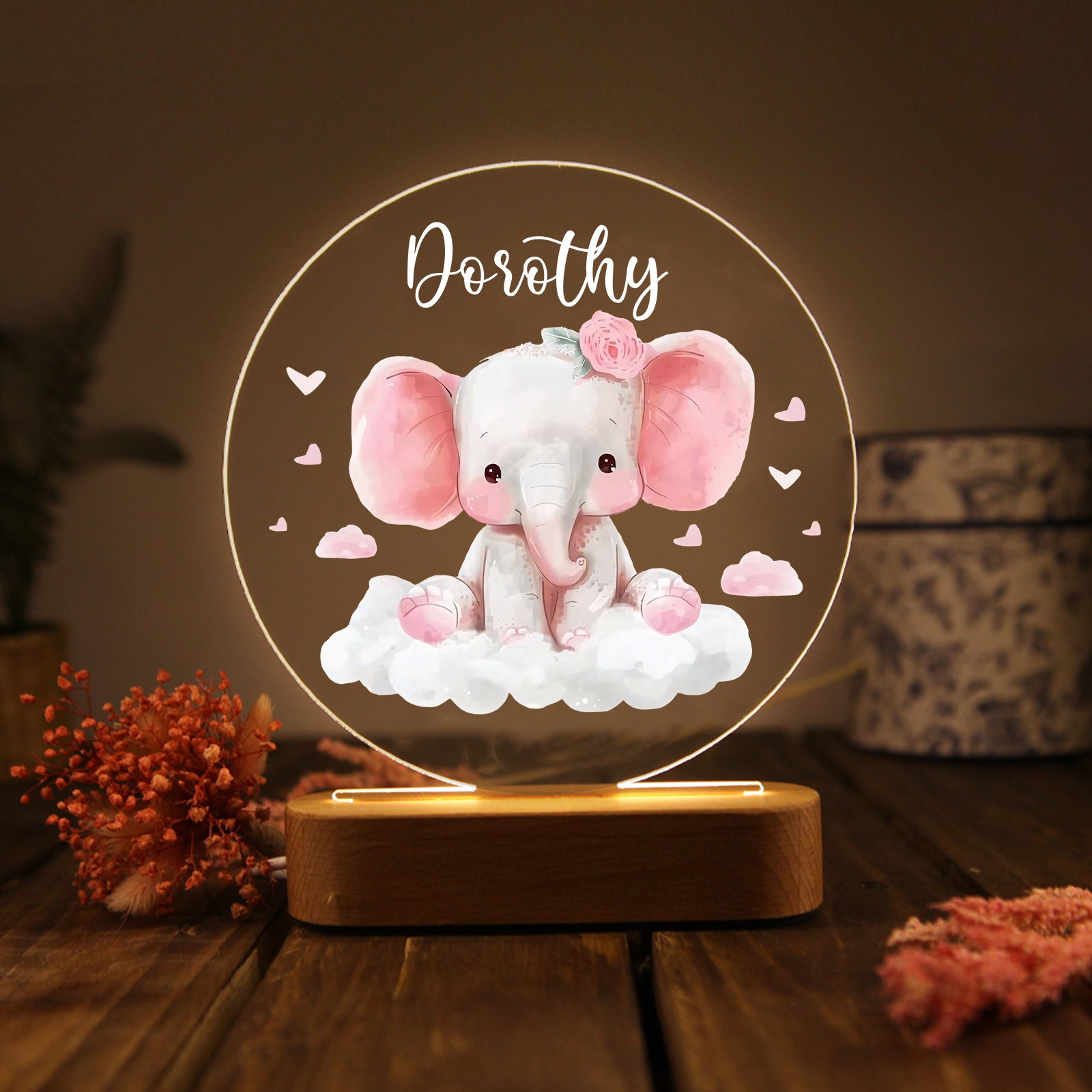 Lampada elefantino rosa in acrilico con 1 nome personalizzato regalo per bambino
