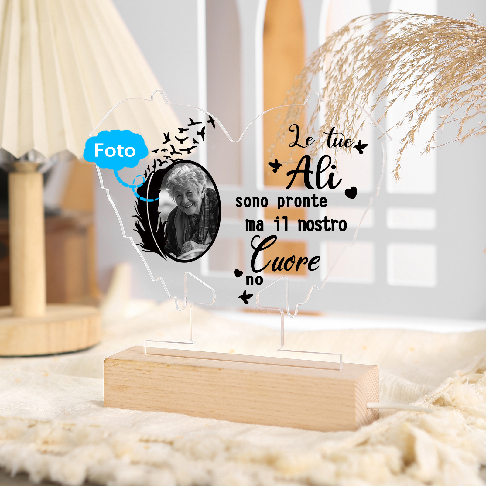 Lampada/Luce notturna in acrilico commemorativa personalizzata Lampada LED a forma di ali d'angelo con foto personalizzata Regalo commemorativo di Natale | Jessemade