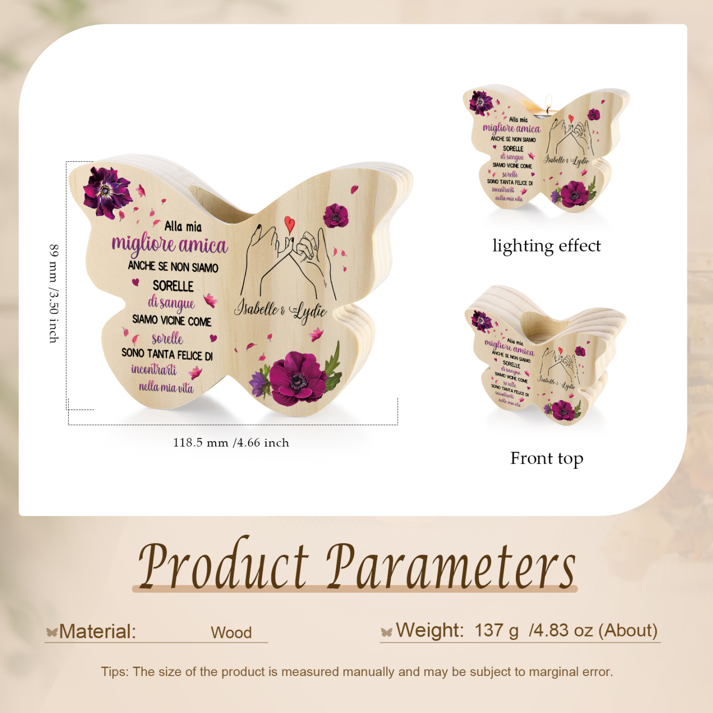 Candeliere personalizzato a forma di farfalla in legno con 2 nomi personalizzati – regalo di Natale per gli amici | Jessemade