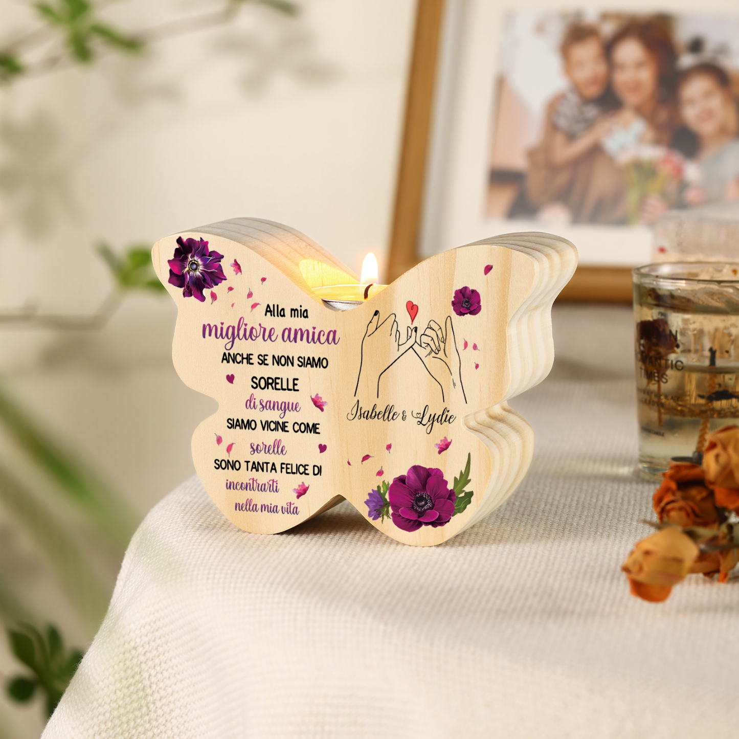 Candeliere personalizzato a forma di farfalla in legno con 2 nomi pers