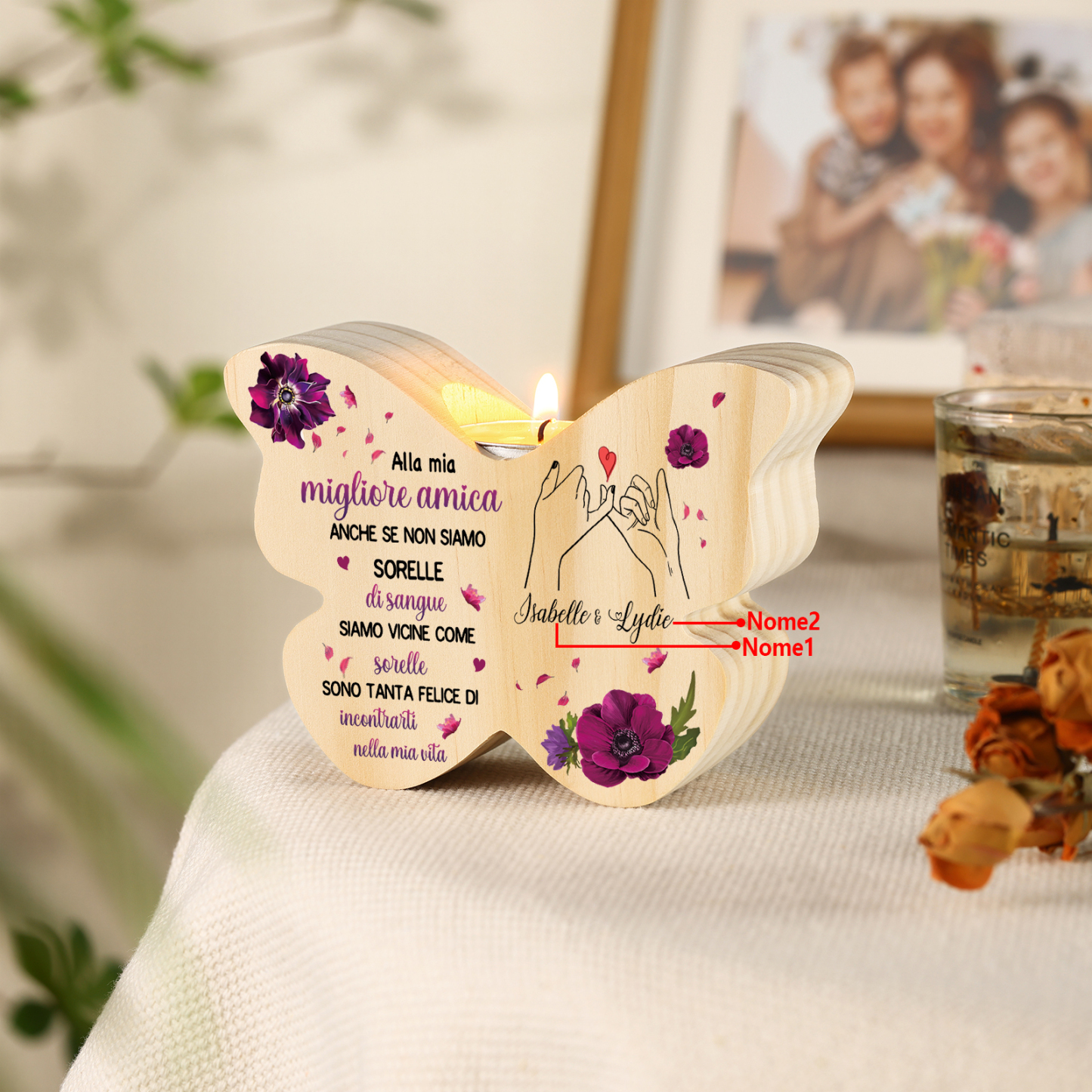 Candeliere personalizzato a forma di farfalla in legno con 2 nomi personalizzati – regalo di Natale per gli amici | Jessemade