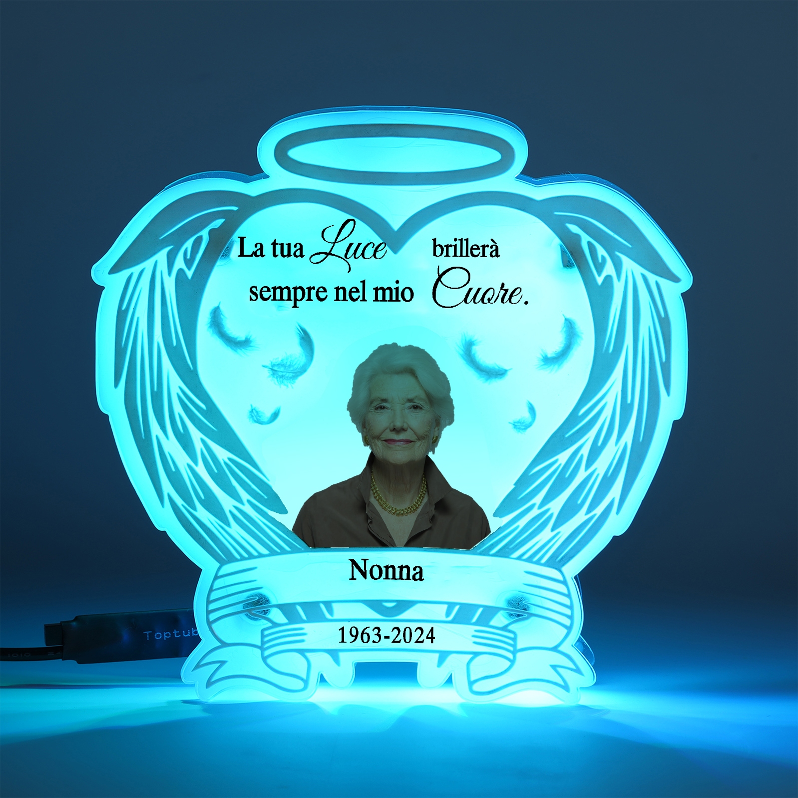 Luce Notturna Commemorativa Personalizzata in Acrilico con Ali d'Angelo - Lampada LED con 1 Foto, Nome e Data Regalo di Natale in Memoria | Jessemade