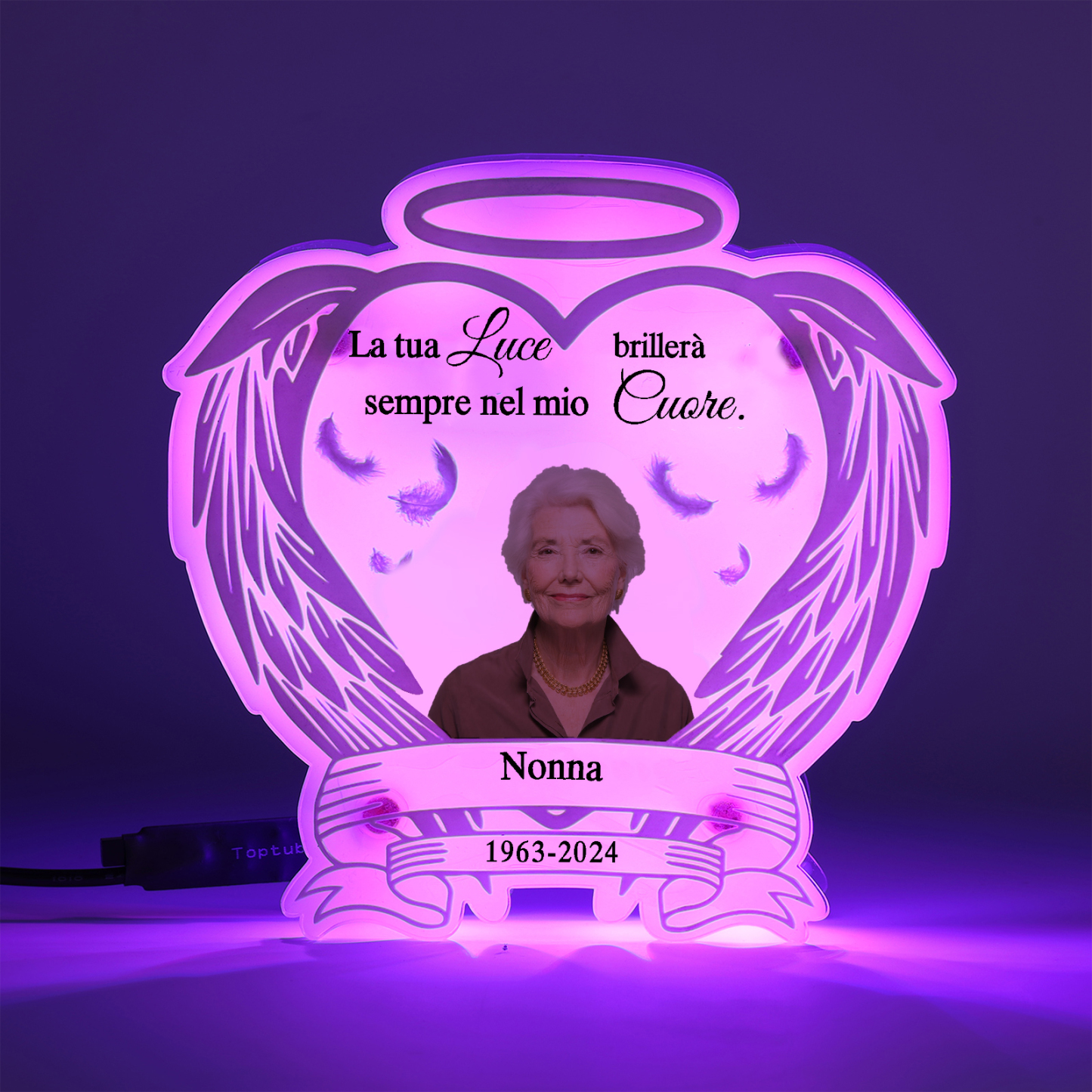 Luce Notturna Commemorativa Personalizzata in Acrilico con Ali d'Angelo - Lampada LED con 1 Foto, Nome e Data Regalo di Natale in Memoria | Jessemade