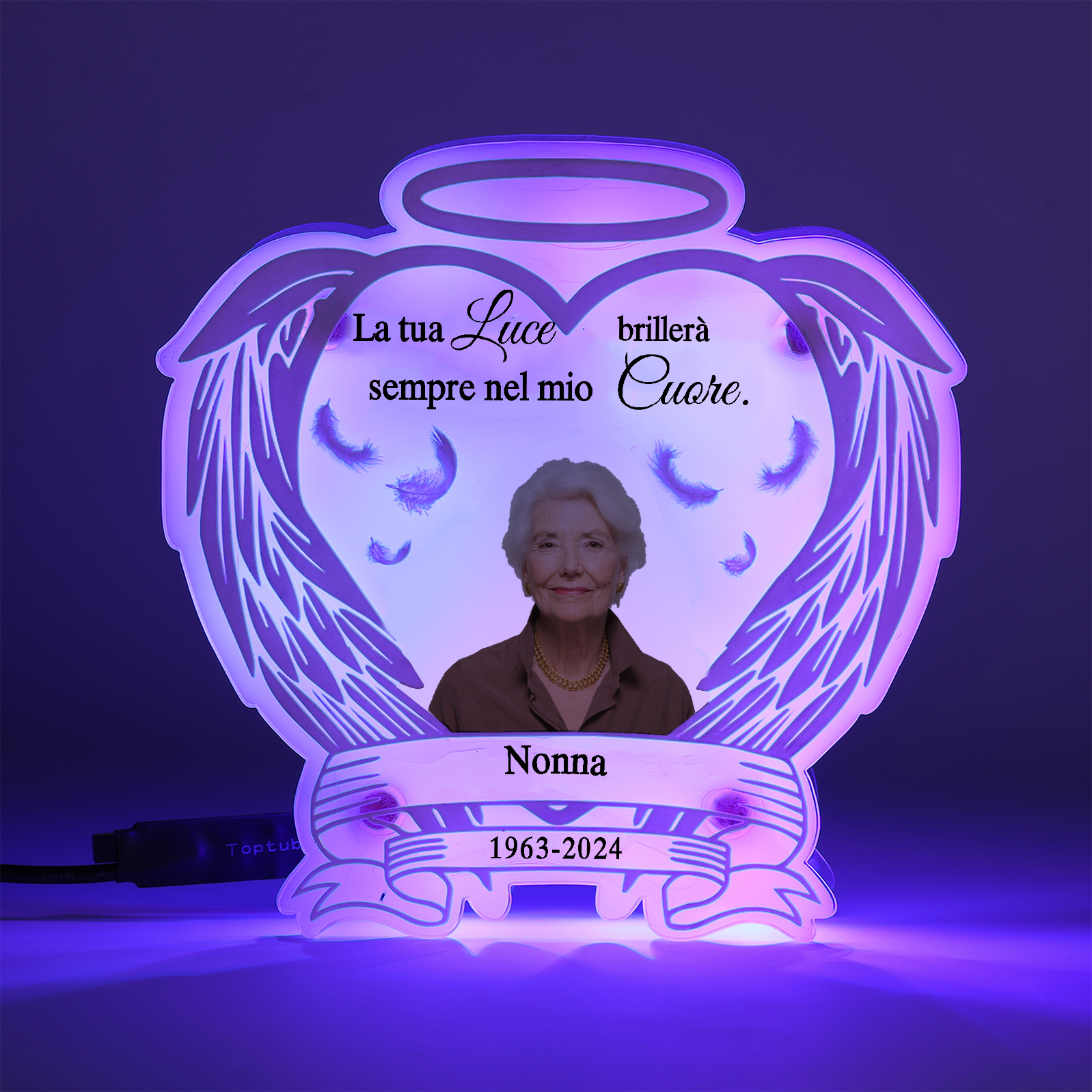 Luce Notturna Commemorativa Personalizzata in Acrilico con Ali d'Angelo - Lampada LED con 1 Foto, Nome e Data Regalo di Natale in Memoria | Jessemade