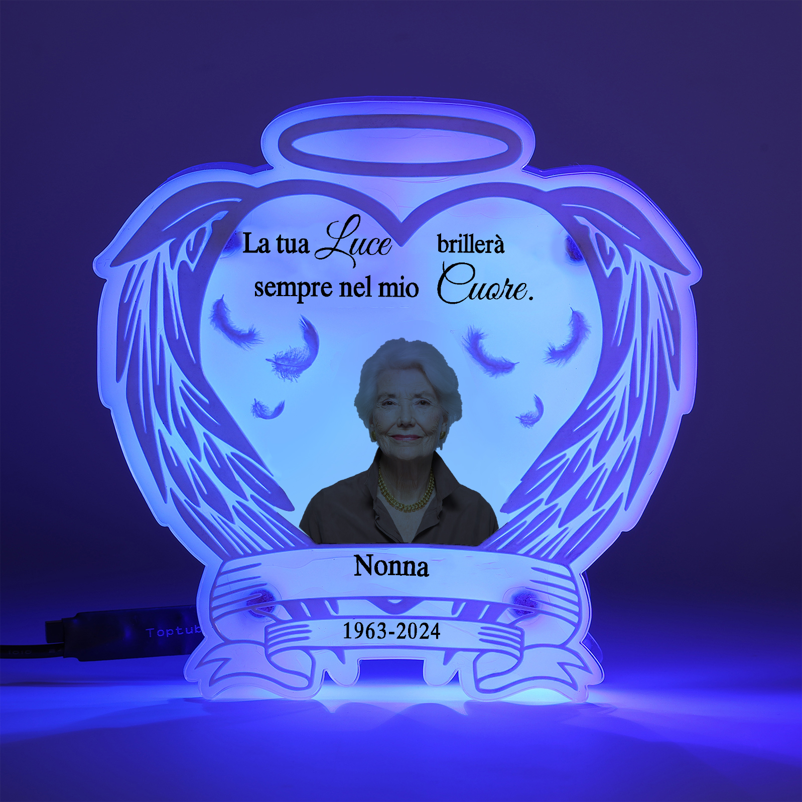 Luce Notturna Commemorativa Personalizzata in Acrilico con Ali d'Angelo - Lampada LED con 1 Foto, Nome e Data Regalo di Natale in Memoria | Jessemade