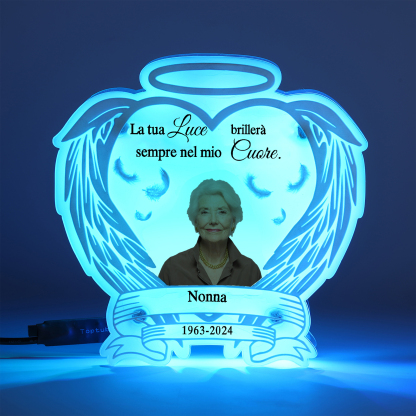 Luce Notturna Commemorativa Personalizzata in Acrilico con Ali d'Angelo - Lampada LED con 1 Foto, Nome e Data Regalo di Natale in Memoria | Jessemade