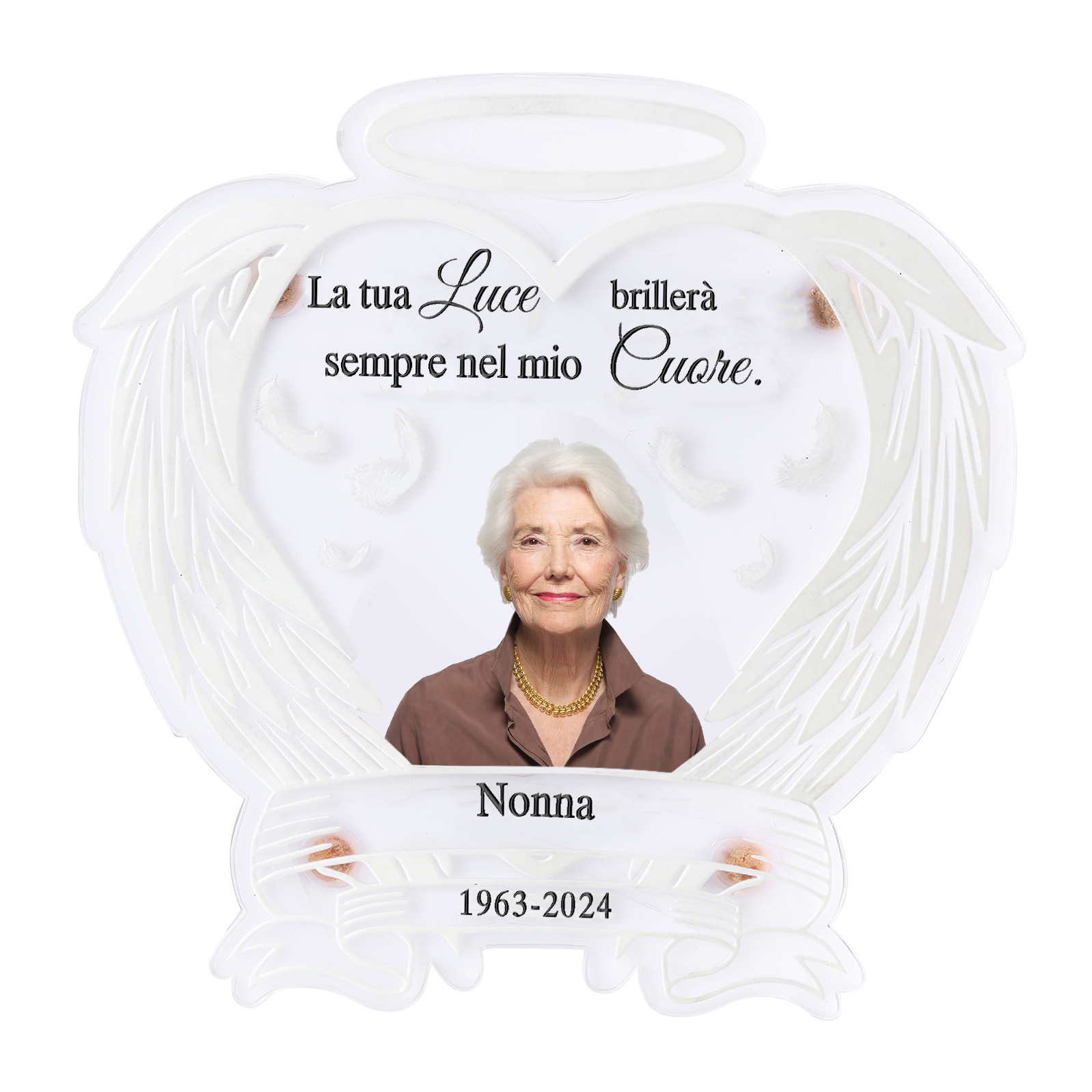 Luce Notturna Commemorativa Personalizzata in Acrilico con Ali d'Angelo - Lampada LED con 1 Foto, Nome e Data Regalo di Natale in Memoria | Jessemade
