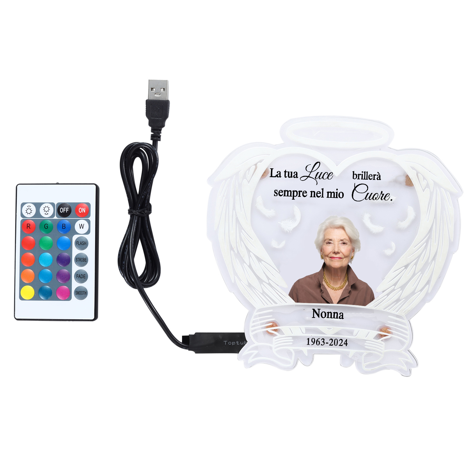 Luce Notturna con Ali d'Angelo Personalizzata con Foto, Nome e Data, Inclusi Cavo USB e Telecomando | Jessemade