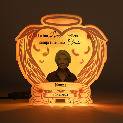 Luce Notturna Commemorativa Personalizzata in Acrilico con Ali d'Angelo - Lampada LED con 1 Foto, Nome e Data Regalo di Natale in Memoria | Jessemade