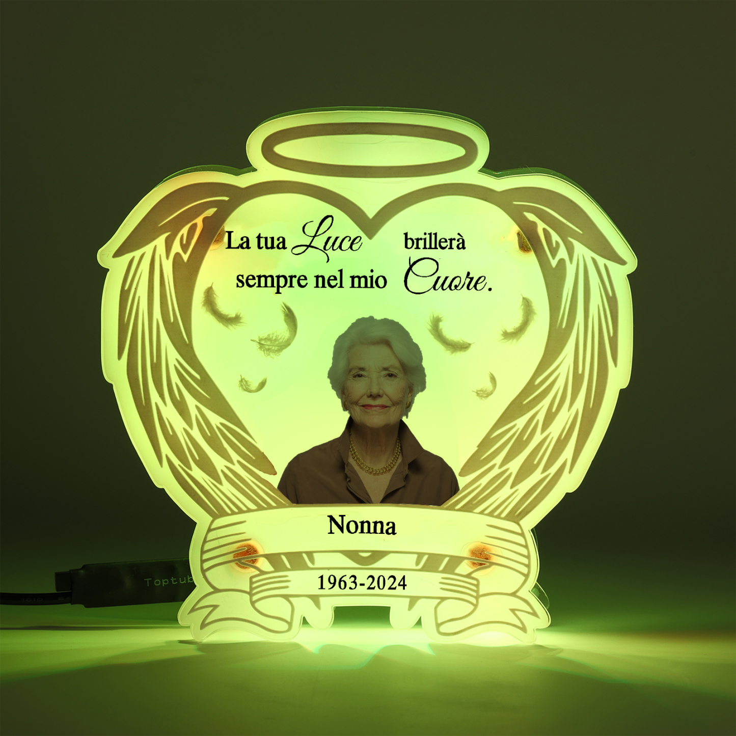 Luce Notturna Commemorativa Personalizzata in Acrilico con Ali d'Angelo - Lampada LED con 1 Foto, Nome e Data Regalo di Natale in Memoria | Jessemade
