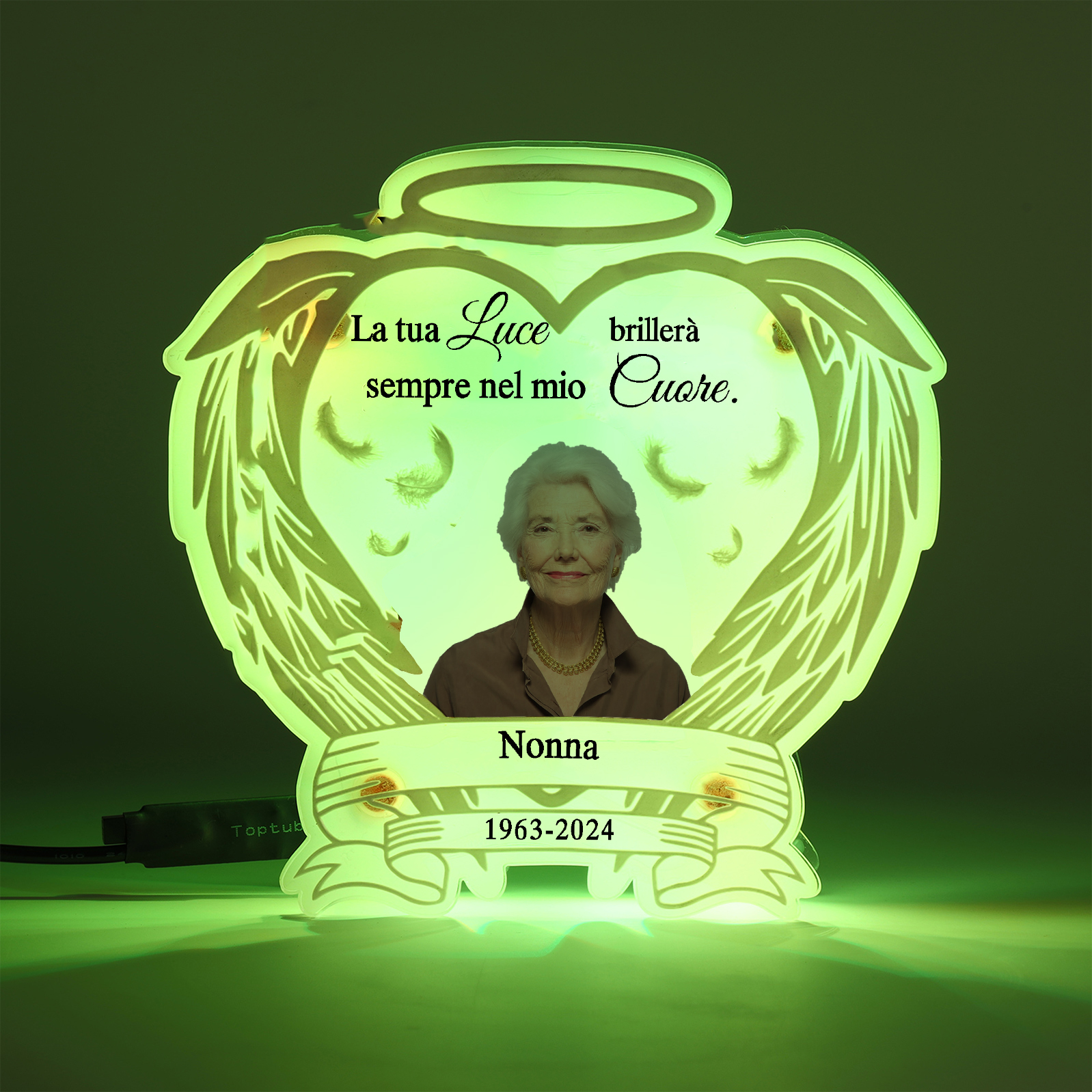 Luce Notturna Commemorativa Personalizzata in Acrilico con Ali d'Angelo - Lampada LED con 1 Foto, Nome e Data Regalo di Natale in Memoria | Jessemade