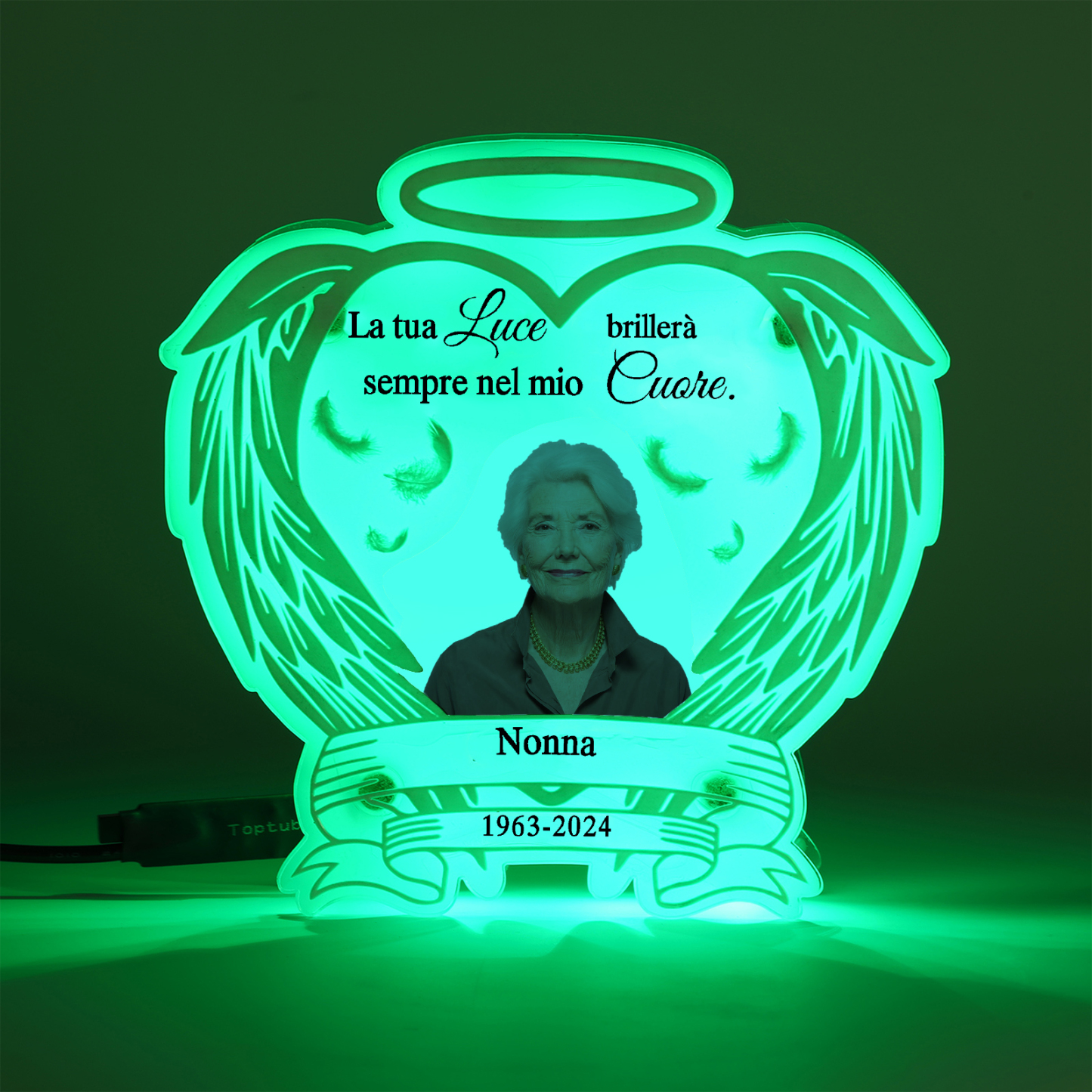 Luce Notturna Commemorativa Personalizzata in Acrilico con Ali d'Angelo - Lampada LED con 1 Foto, Nome e Data Regalo di Natale in Memoria | Jessemade