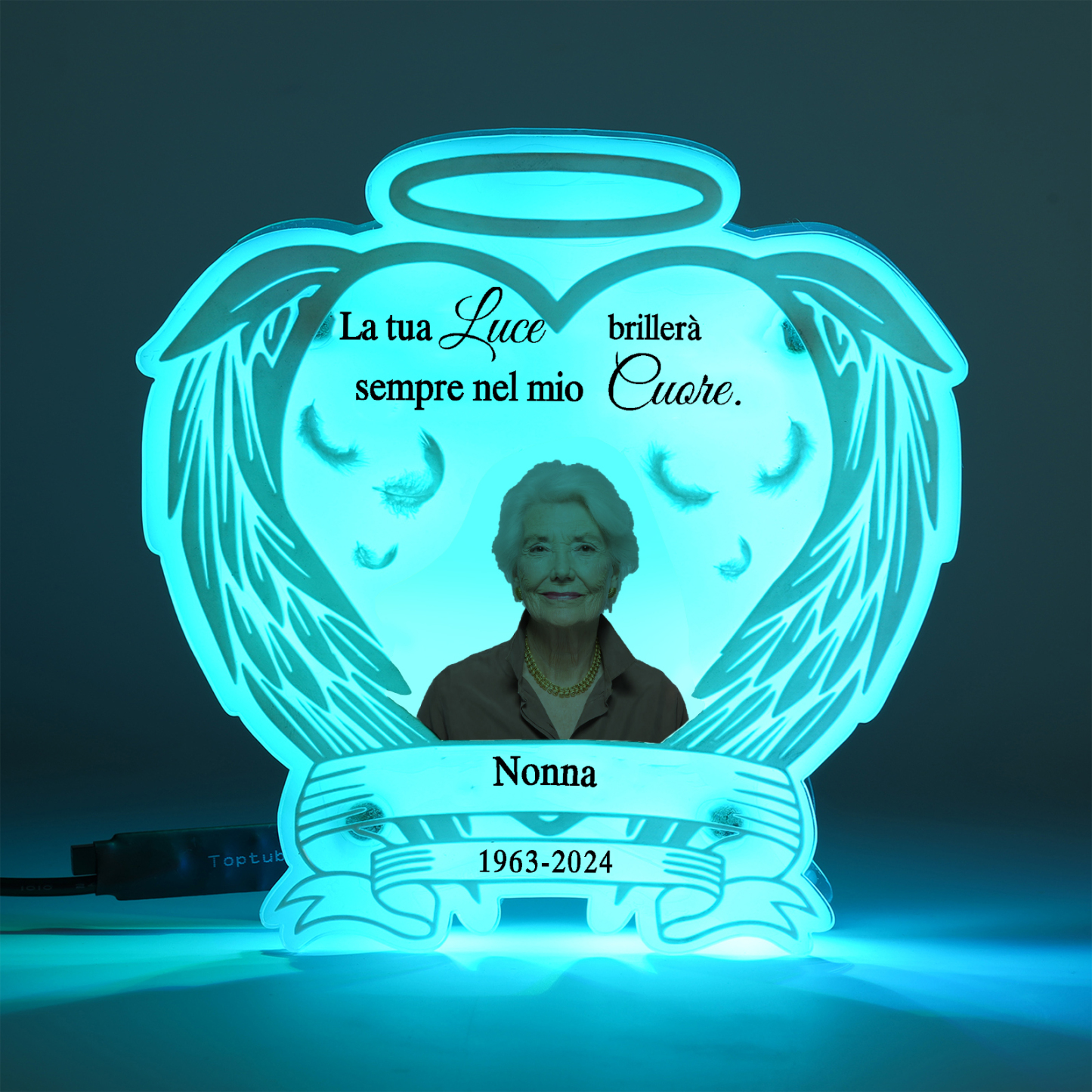 Luce Notturna Commemorativa Personalizzata in Acrilico con Ali d'Angelo - Lampada LED con 1 Foto, Nome e Data Regalo di Natale in Memoria | Jessemade