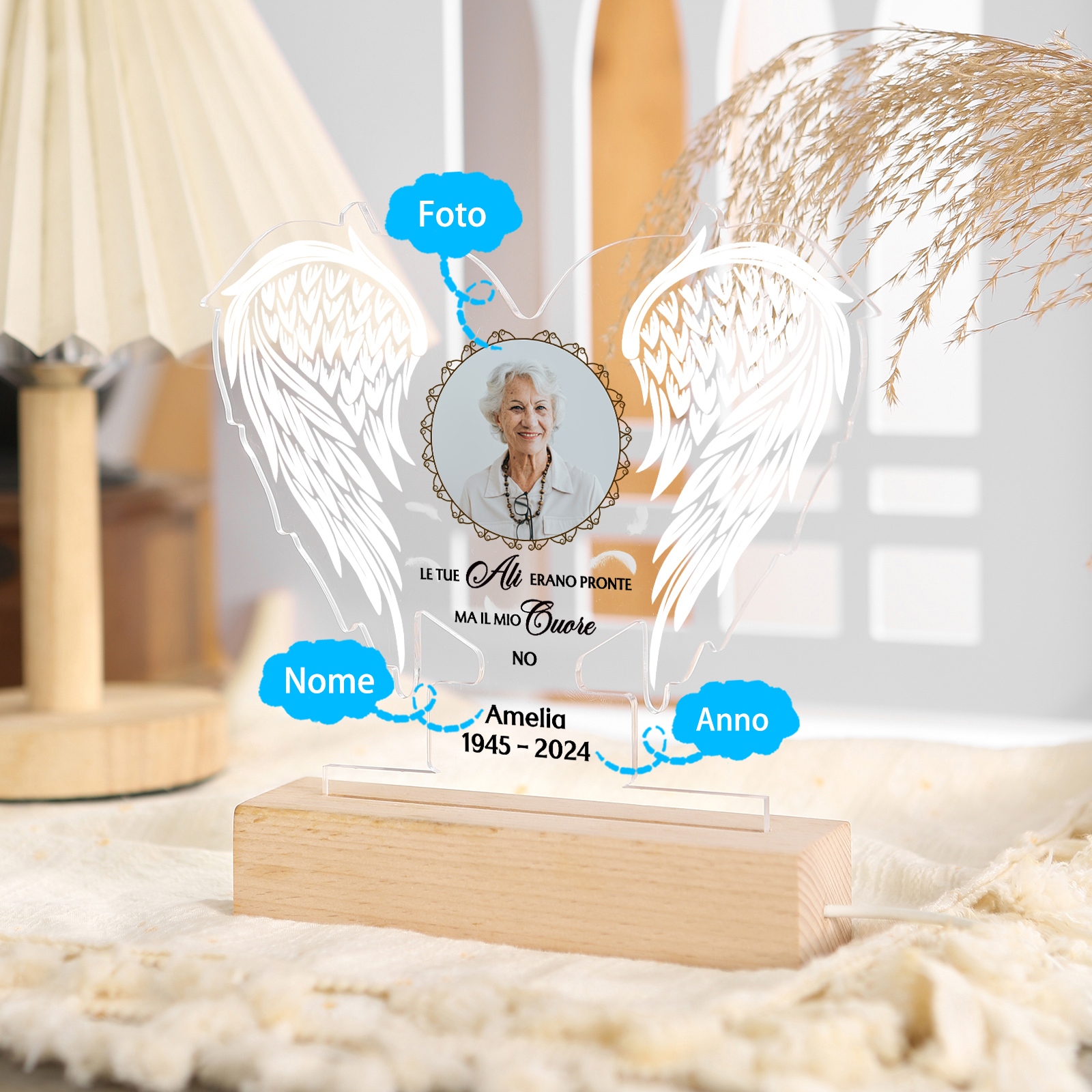 Lampada Notturna Commemorativa in Acrilico a Forma di Ali con Foto, Data e Nome Personalizzati – Idea Regalo per Lui o Lei | Jessemade