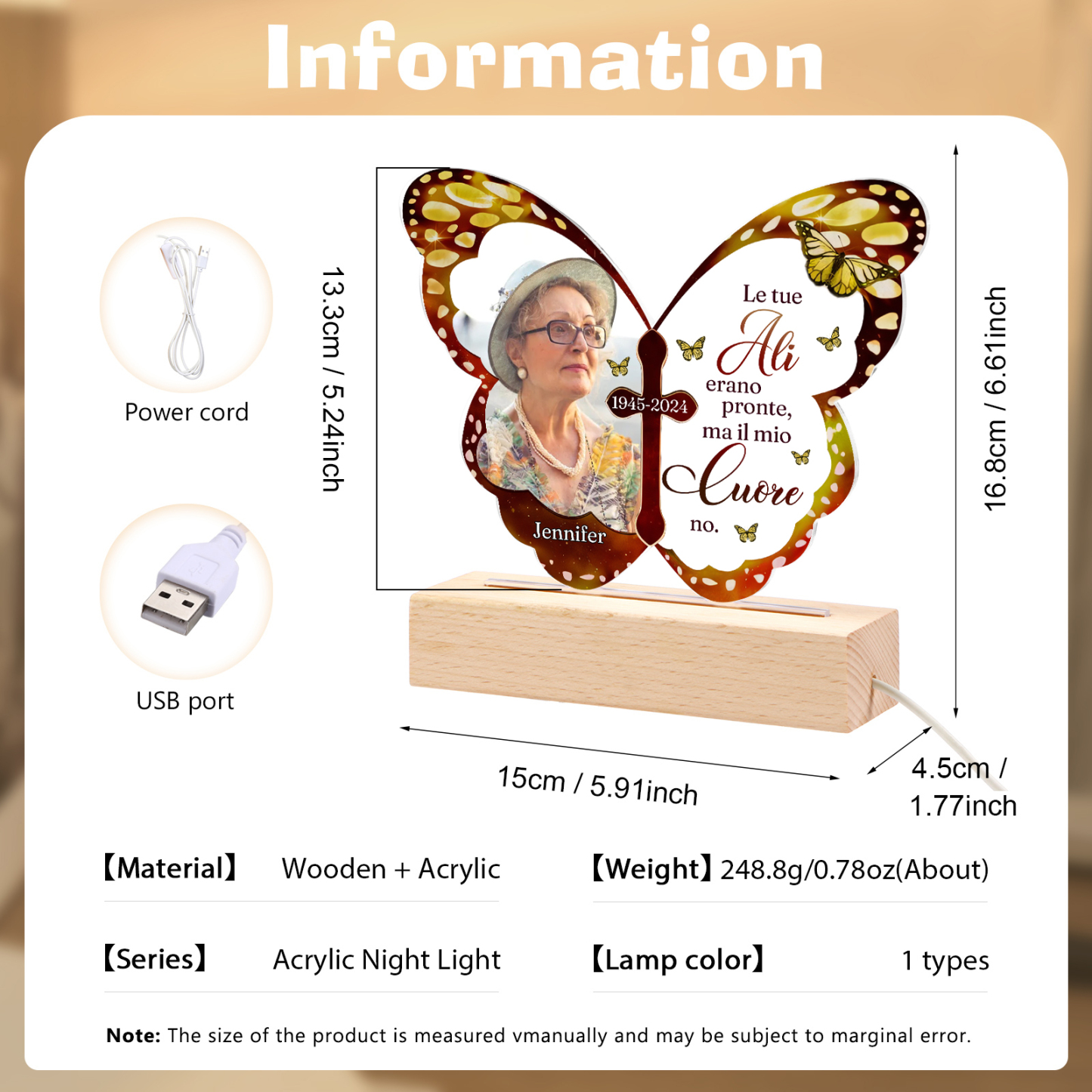Lampada Notturna Commemorativa in Acrilico a Forma di Farfalla con Foto, Data e Nome Personalizzati – Idea Regalo per Lui o Lei | Jessemade