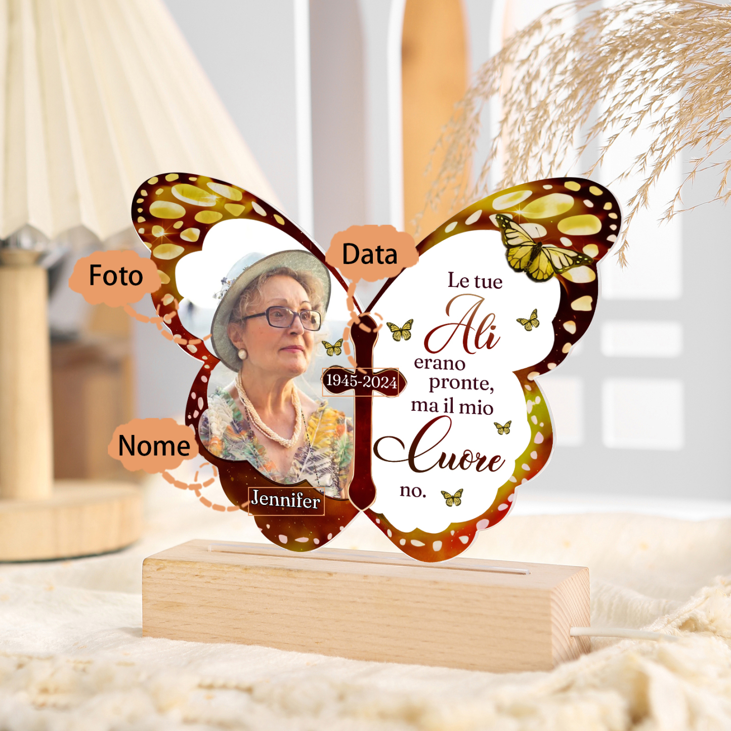 Lampada Notturna Commemorativa in Acrilico a Forma di Farfalla con Foto, Data e Nome Personalizzati – Idea Regalo per Lui o Lei | Jessemade