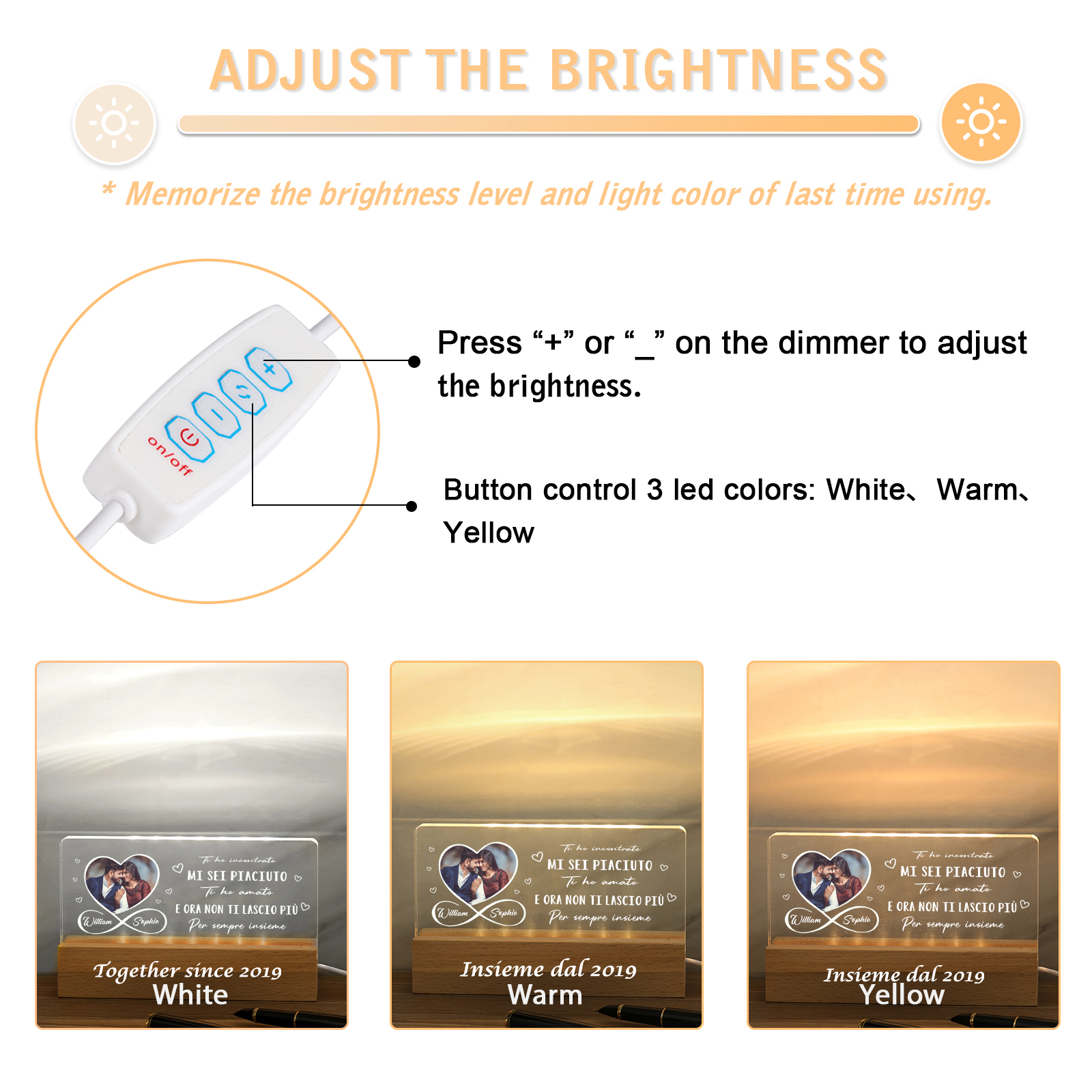 Lampada Notturna Personalizzata in Acrilico con Foto, 2 Nomi e Anno - "Mi sei piaciuto, ti ho amato e ora non ti lascio più" - Regalo di San Valentino per Lei/Lui | Jessemade