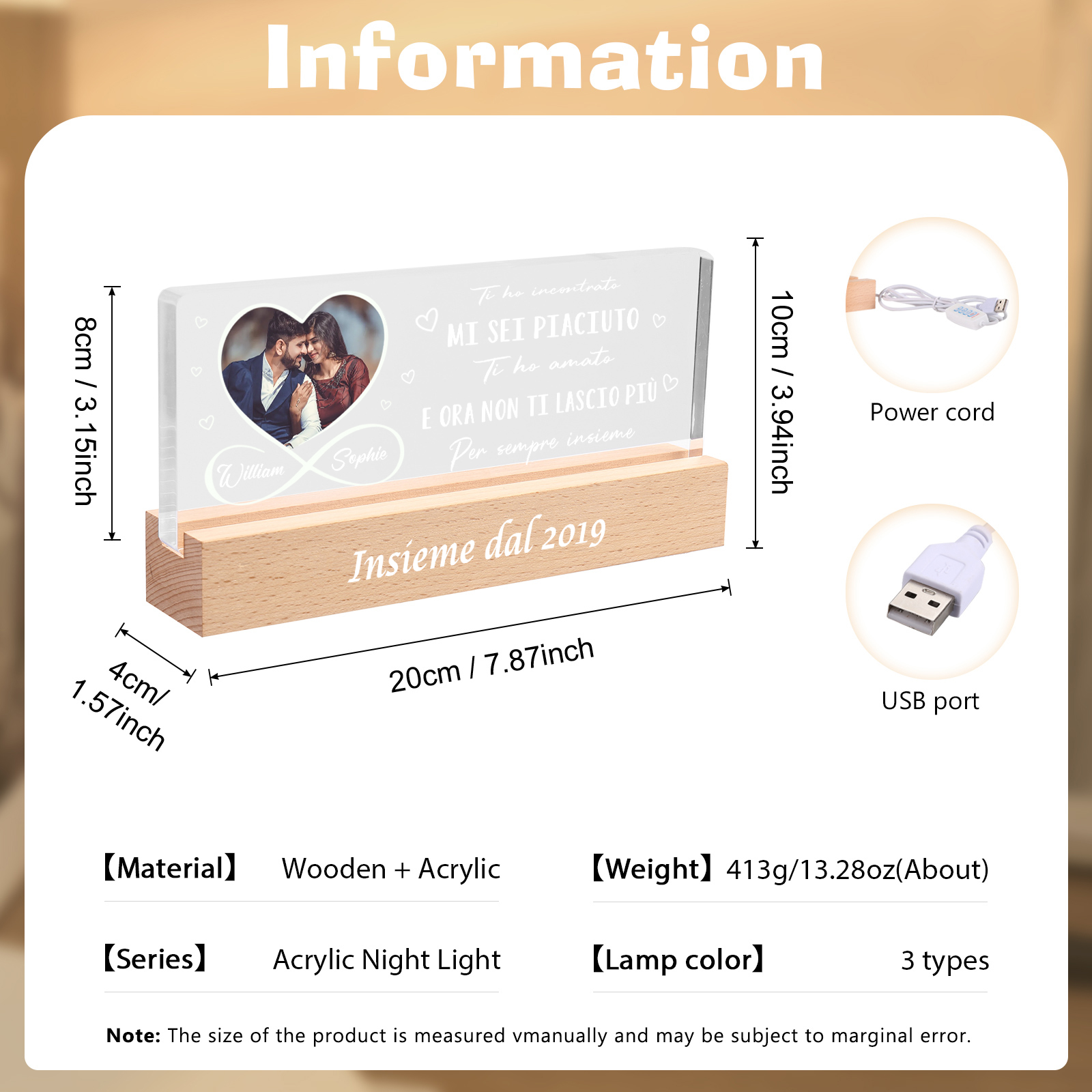 Lampada Notturna Personalizzata in Acrilico con Foto, 2 Nomi e Anno - "Mi sei piaciuto, ti ho amato e ora non ti lascio più" - Regalo di San Valentino per Lei/Lui | Jessemade
