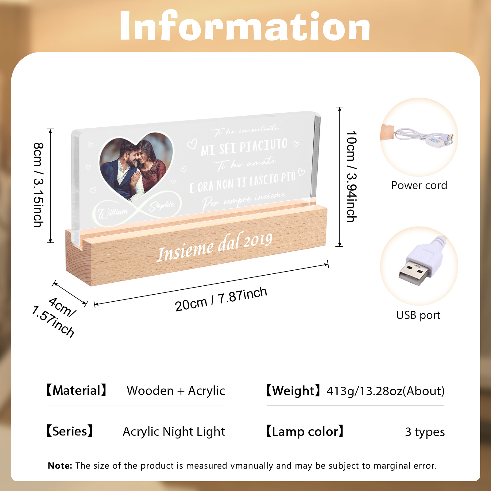 Lampada Notturna Personalizzata in Acrilico con Foto, 2 Nomi e Anno - "Mi sei piaciuto, ti ho amato e ora non ti lascio più" - Regalo di San Valentino per Lei/Lui | Jessemade