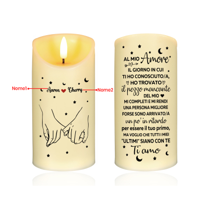Candela LED Personalizzata con 2 Nomi - "Al Mio Amore" Design con Mani Intrecciate, Regalo di San Valentino per Lei/Lui | Jessemade