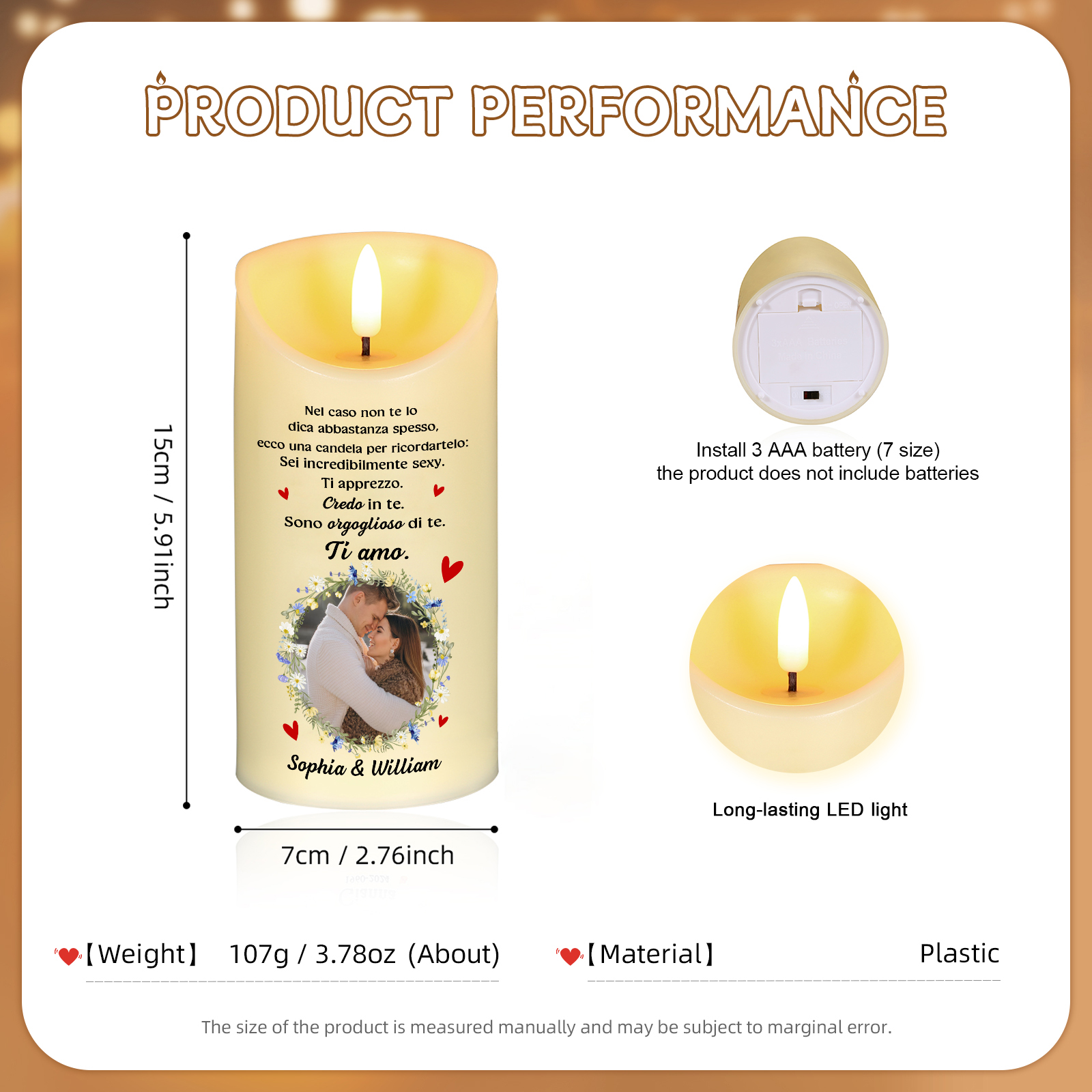 Candela LED Personalizzata con 2 Nomi e 1 Foto - Design con Farfalle e Fiori, Regalo di San Valentino per Lei/Lui | Jessemade