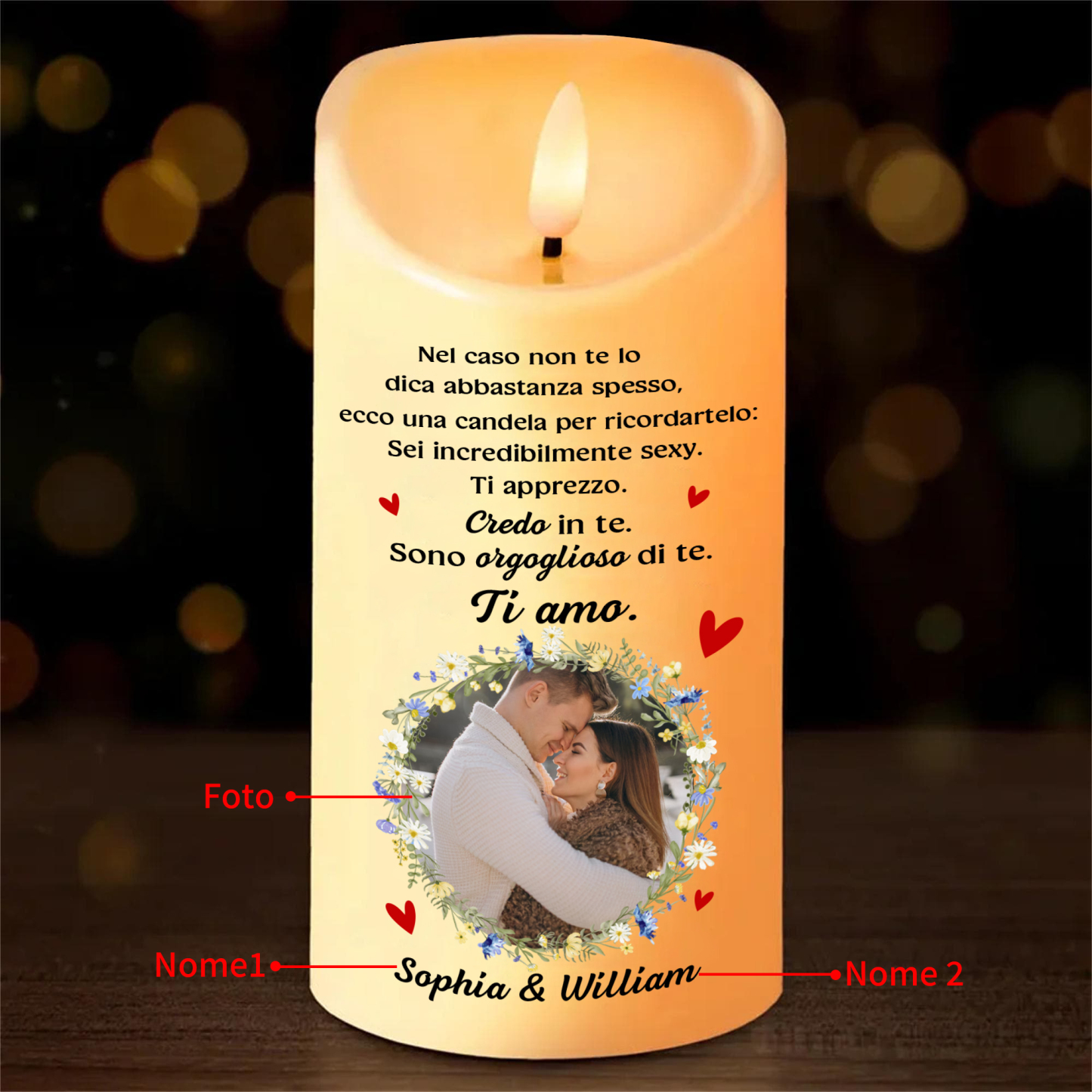 Candela LED Personalizzata con 2 Nomi e 1 Foto - Design con Farfalle e Fiori, Regalo di San Valentino per Lei/Lui | Jessemade