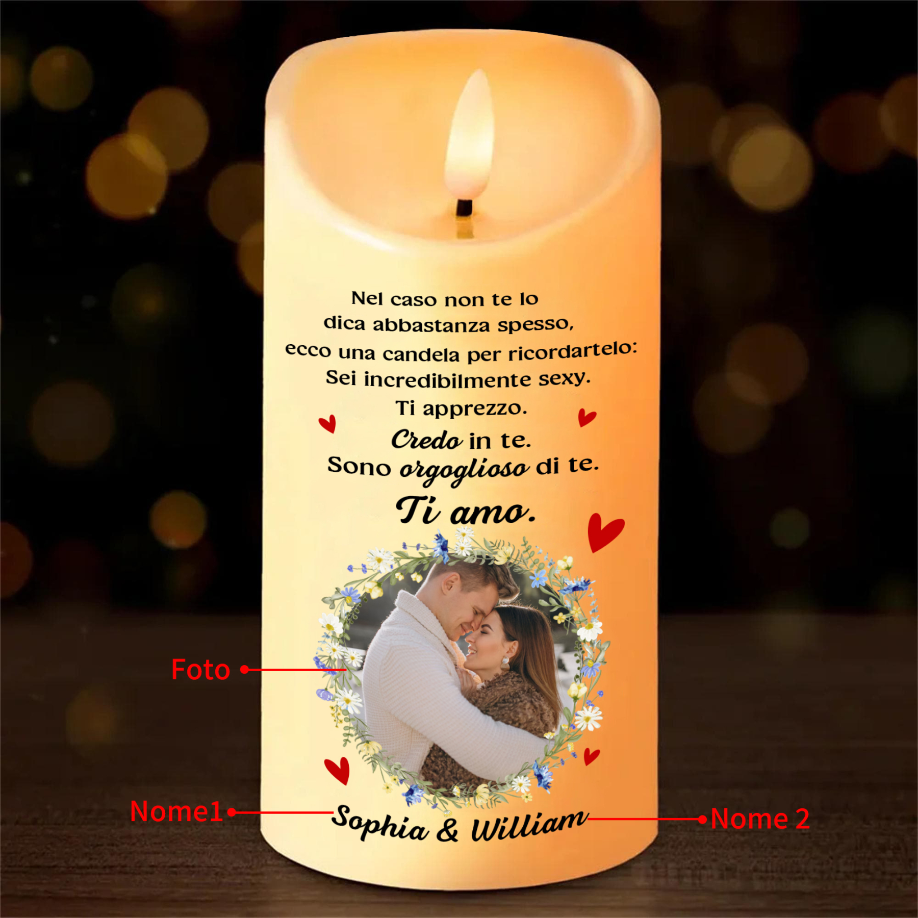Candela LED Personalizzata con 2 Nomi e 1 Foto - Design con Farfalle e Fiori, Regalo di San Valentino per Lei/Lui | Jessemade